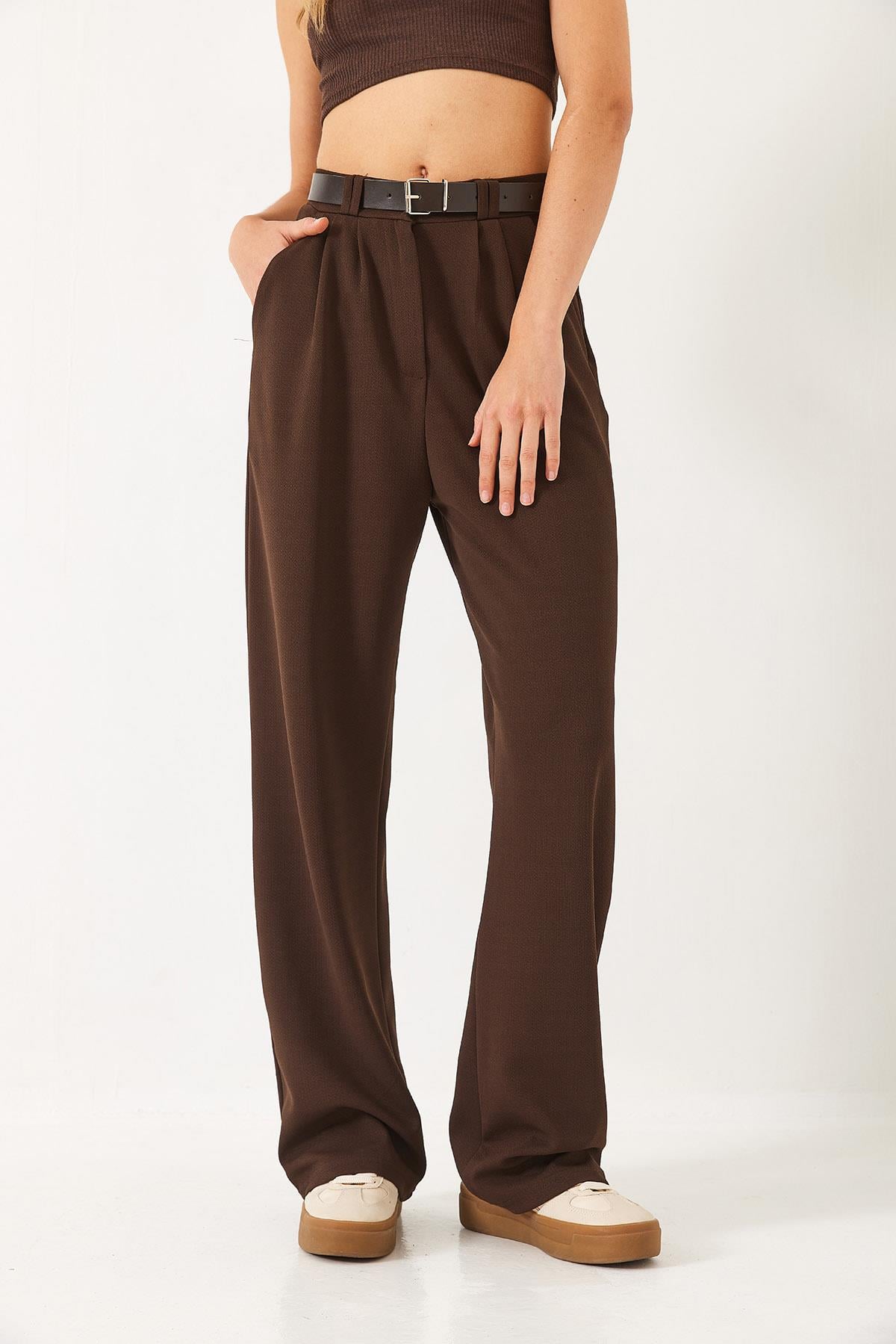 Çift Pile Detaylı Kemerli Örme Pantolon 3851 60261449 - Acı Kahve