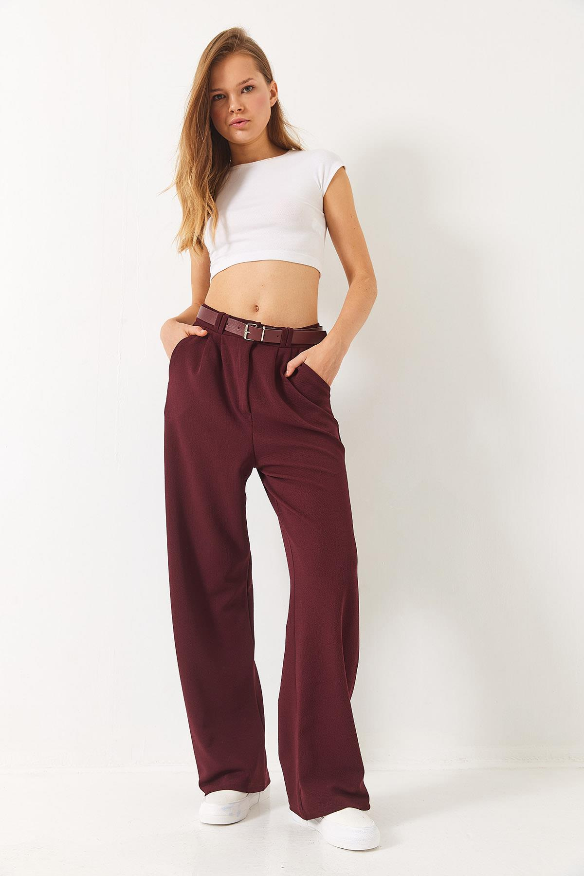 Çift Pile Detaylı Kemerli Örme Pantolon 3851 60261449 - Bordo