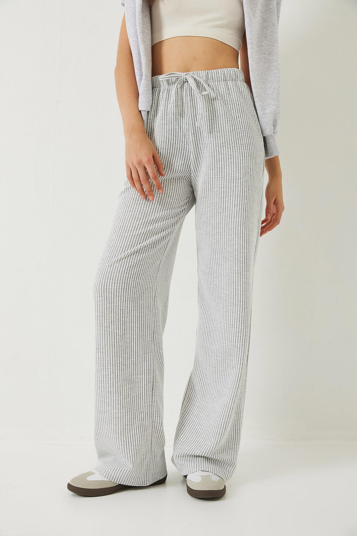 Çizgili Bel Lastikli Cepli Basic Pantolon 60284003 - Ekru-Gri