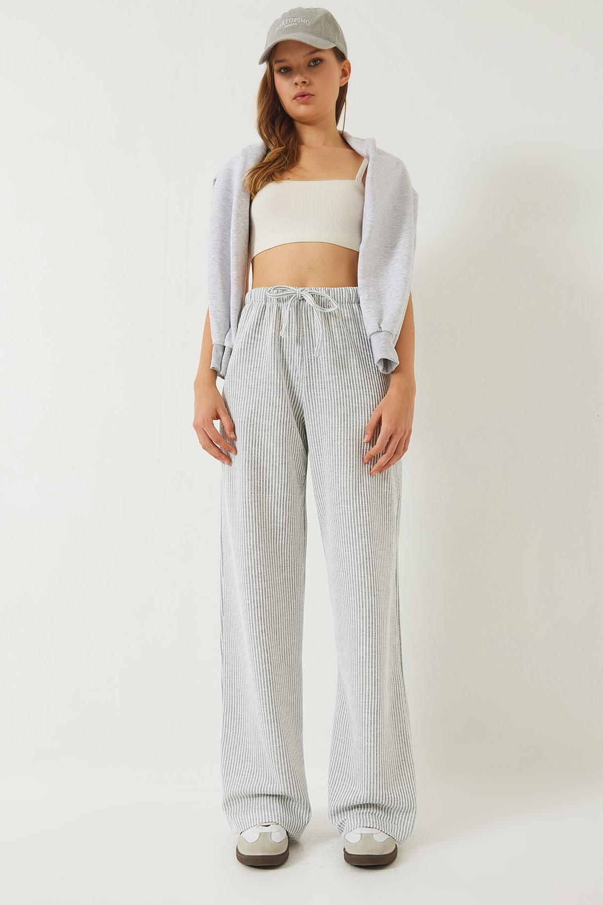 Çizgili Bel Lastikli Cepli Basic Pantolon 60284003 - Ekru-Gri