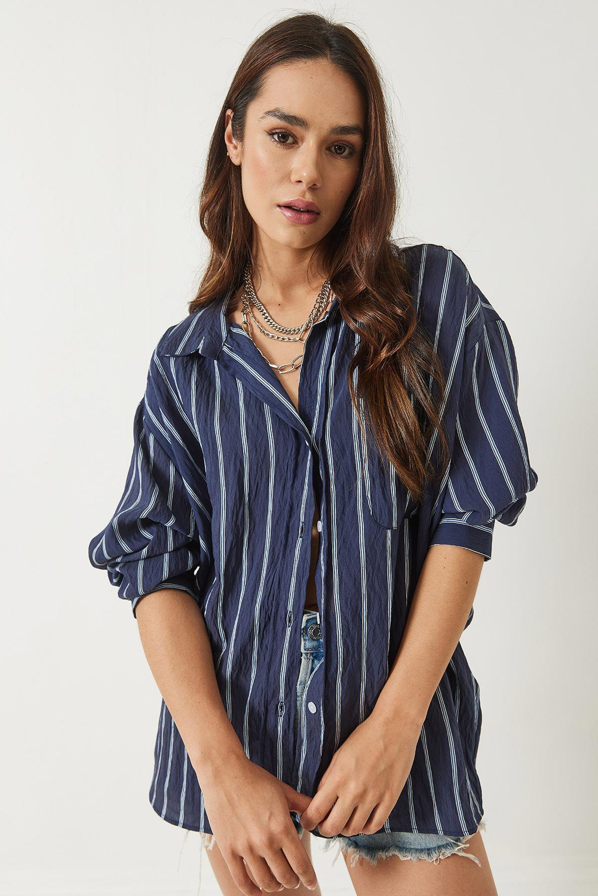 Çizgili Cepli Oversize Modal Gömlek 2258 60284002 - Lacivert