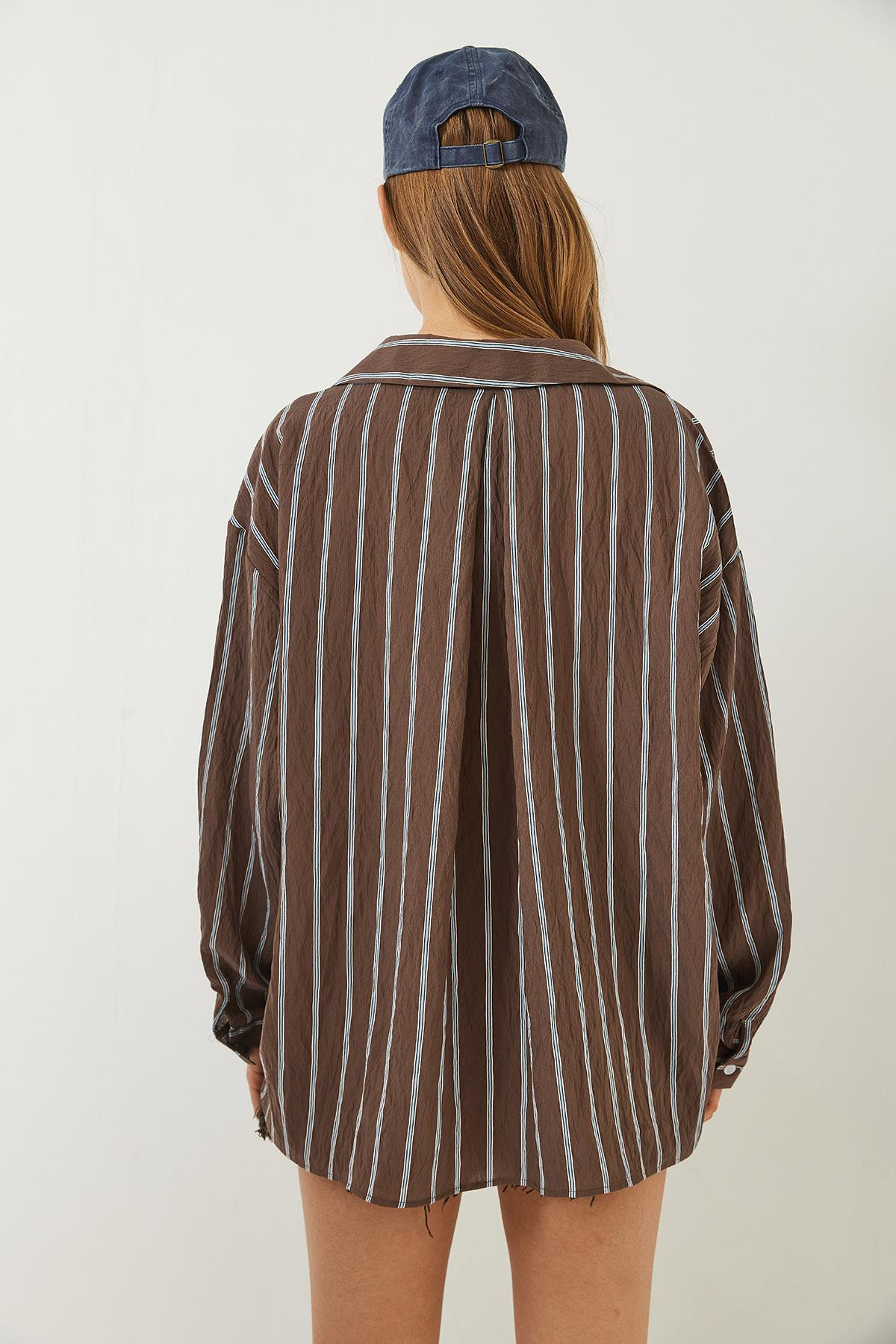 Çizgili Cepli Oversize Modal Gömlek 2258 60284002 - Kahverengi