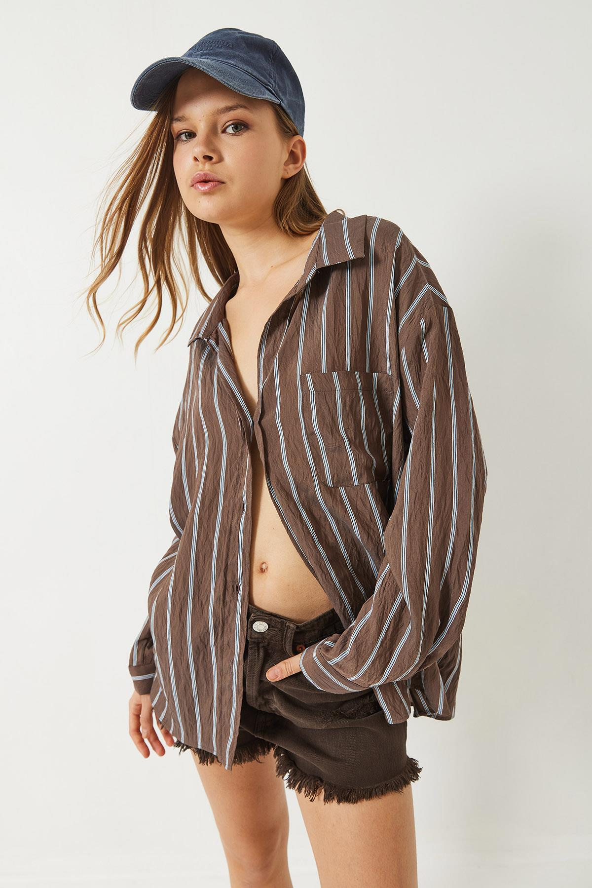 Çizgili Cepli Oversize Modal Gömlek 2258 60284002 - Kahverengi
