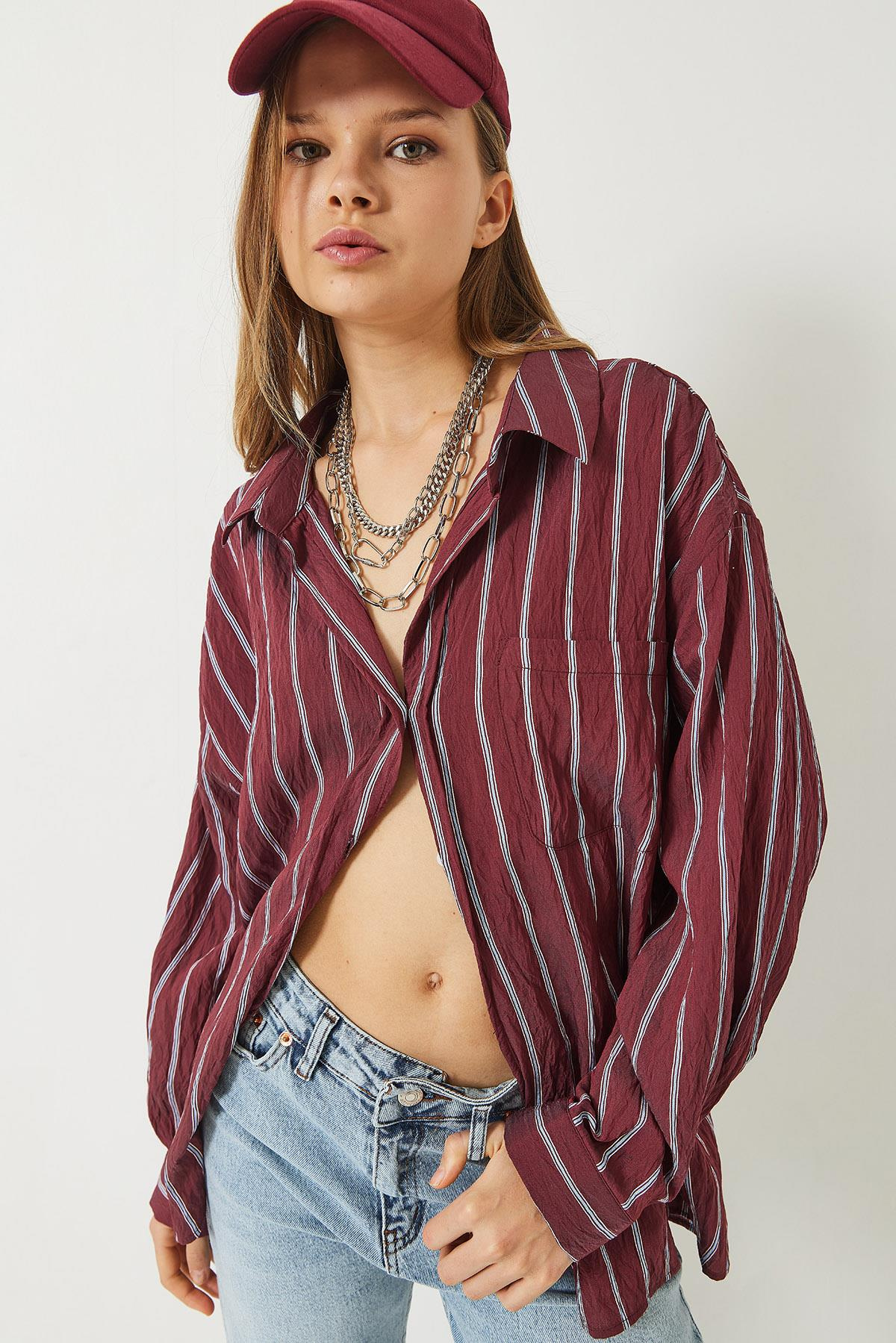 Çizgili Cepli Oversize Modal Gömlek 2258 60284002 - Bordo