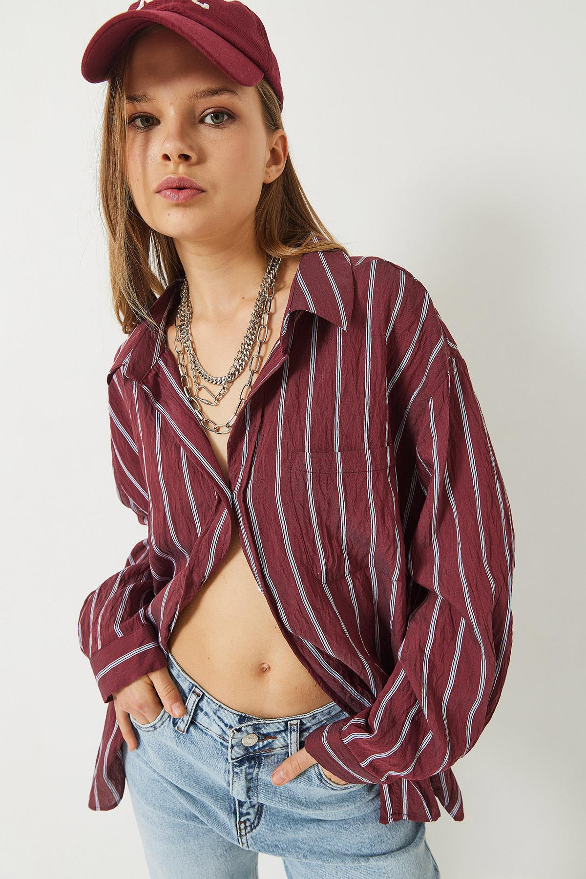 Çizgili Cepli Oversize Modal Gömlek 2258 60284002 - Bordo