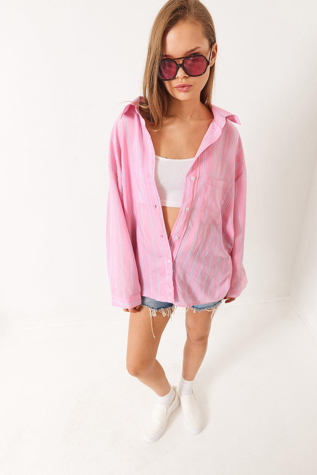 Çizgili Cepli Oversize Modal Gömlek 2258 60284002 - Pembe-Mavi