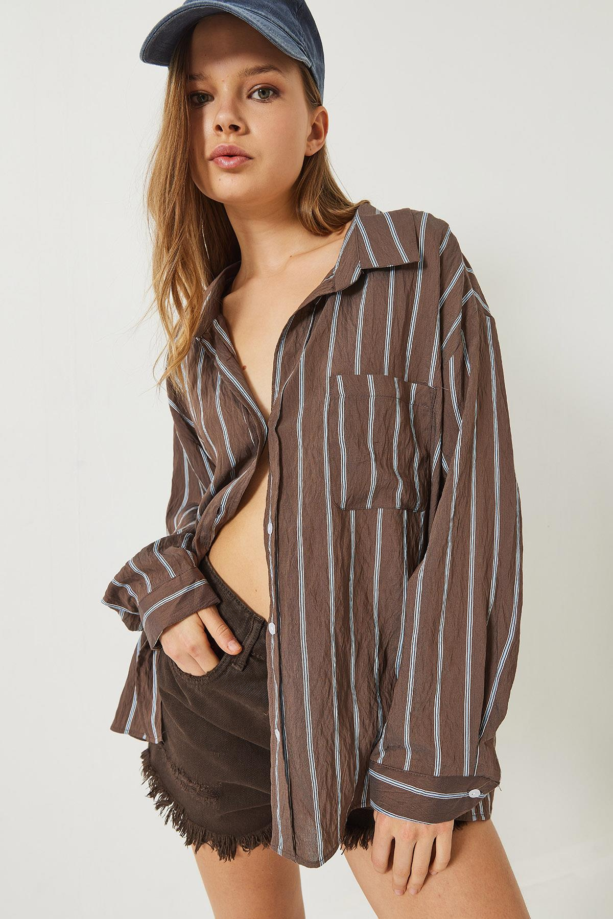 Çizgili Cepli Oversize Modal Gömlek 2258 60284002 - Kahverengi