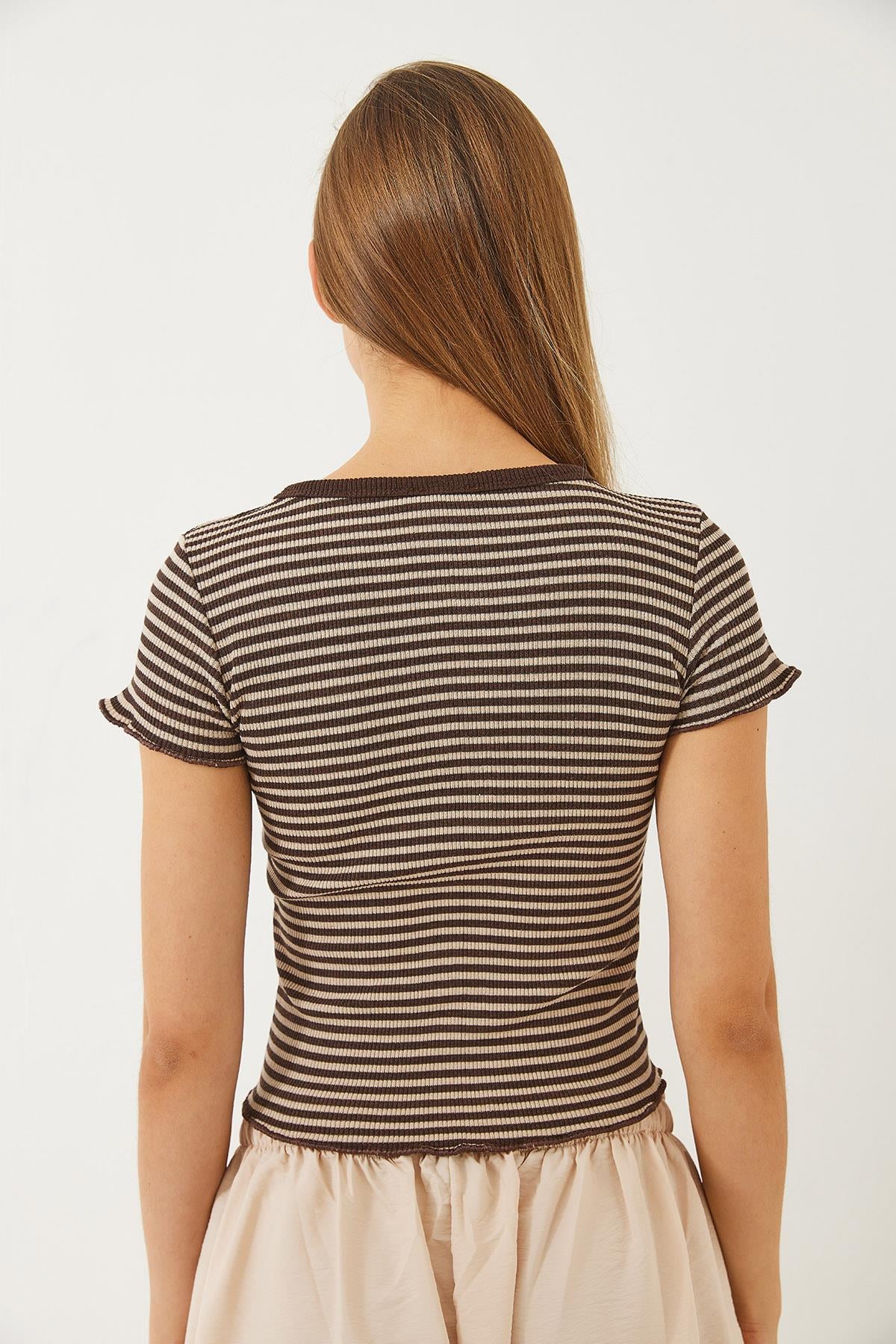 Çizgili Fitilli Kaşkorse Basic T-Shirt 60261475 - Bej-Kahverengi