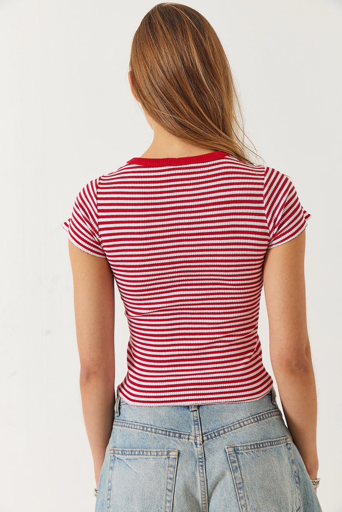 Çizgili Fitilli Kaşkorse Basic T-Shirt 60261475 - Kırmızı-Beyaz