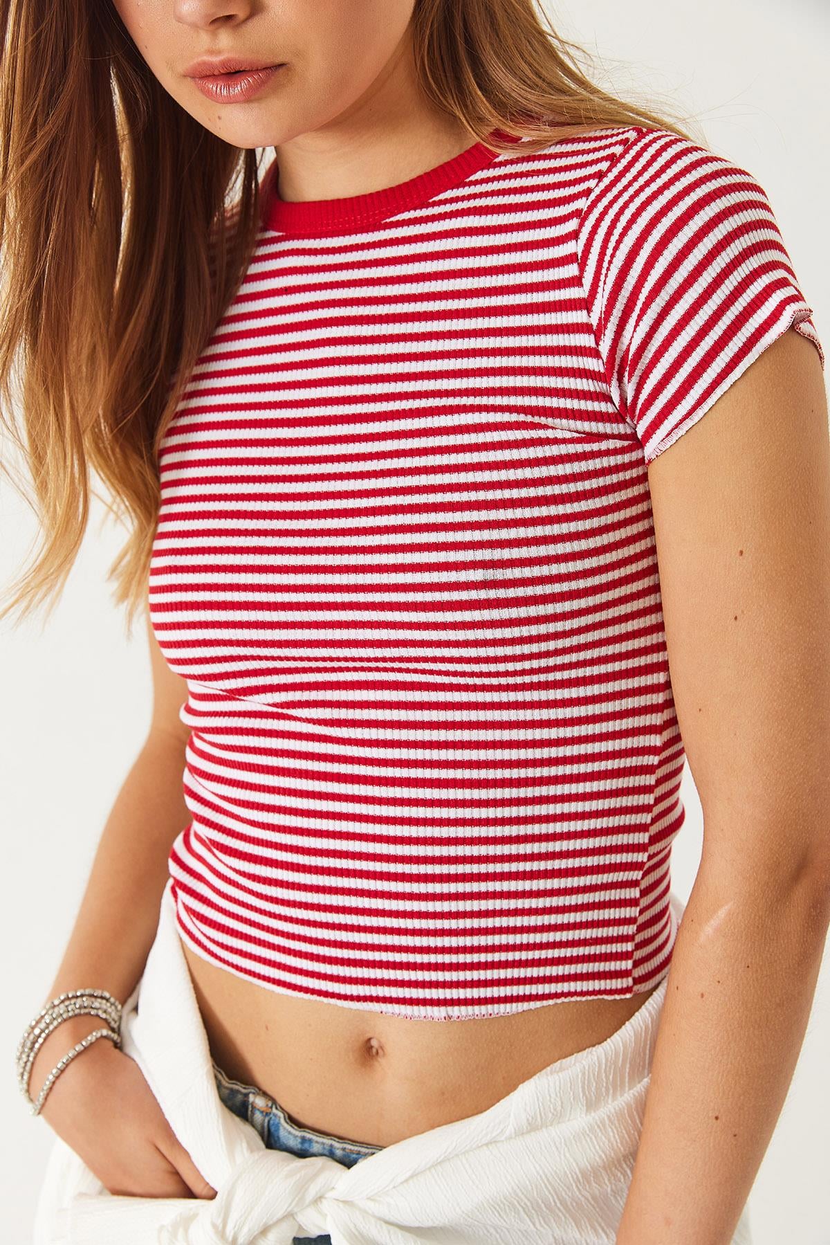 Çizgili Fitilli Kaşkorse Basic T-Shirt 60261475 - Kırmızı-Beyaz