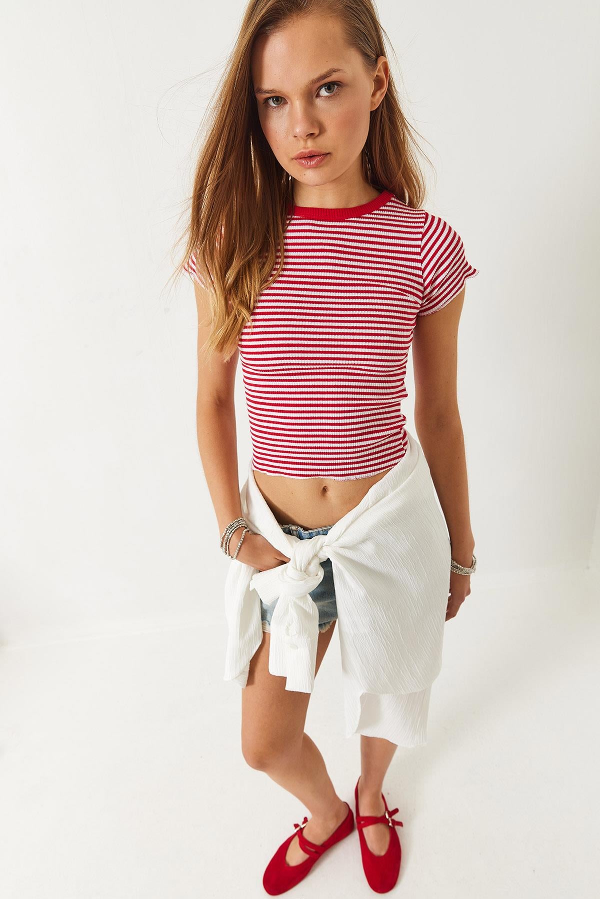 Çizgili Fitilli Kaşkorse Basic T-Shirt 60261475 - Kırmızı-Beyaz