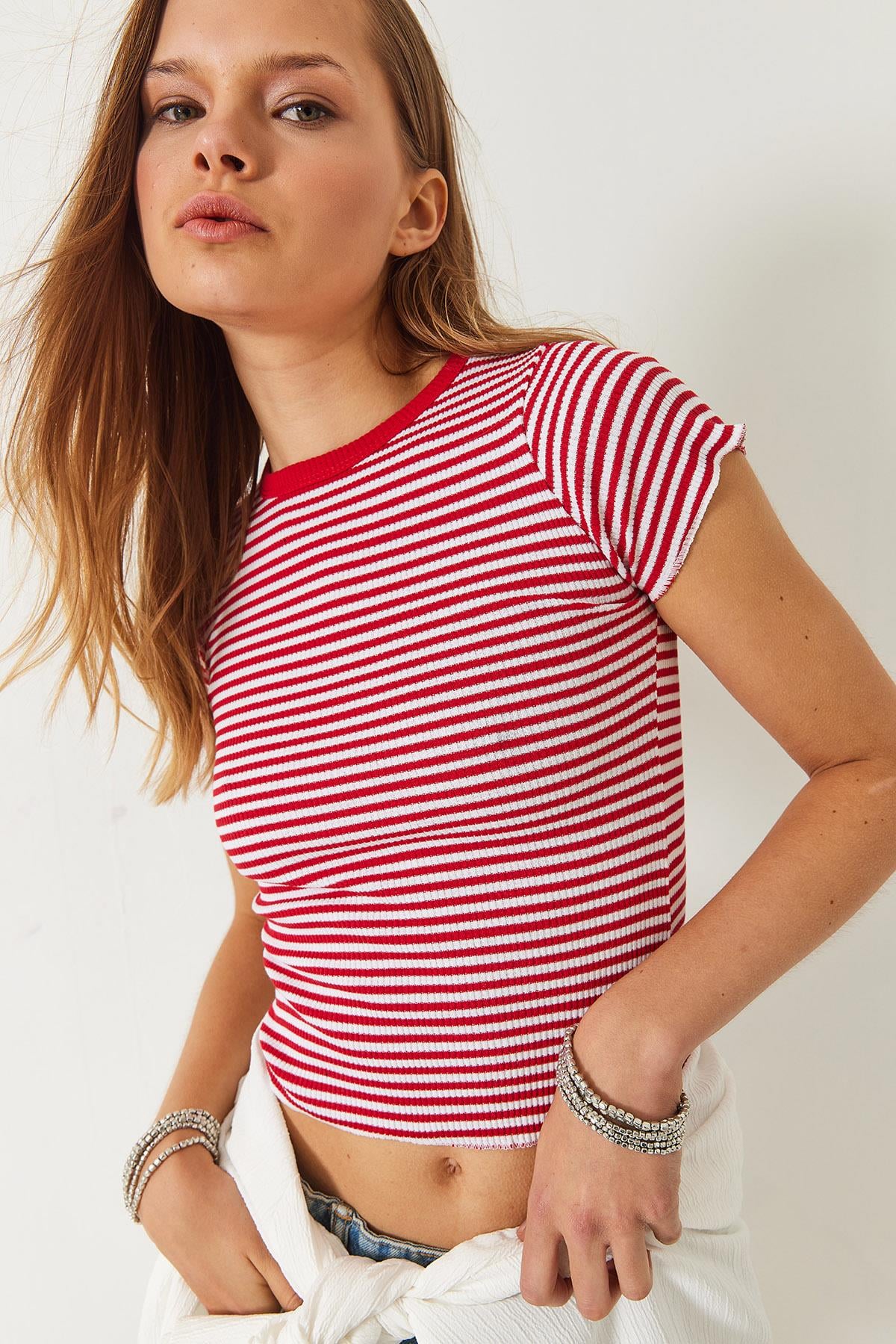 Çizgili Fitilli Kaşkorse Basic T-Shirt 60261475 - Kırmızı-Beyaz