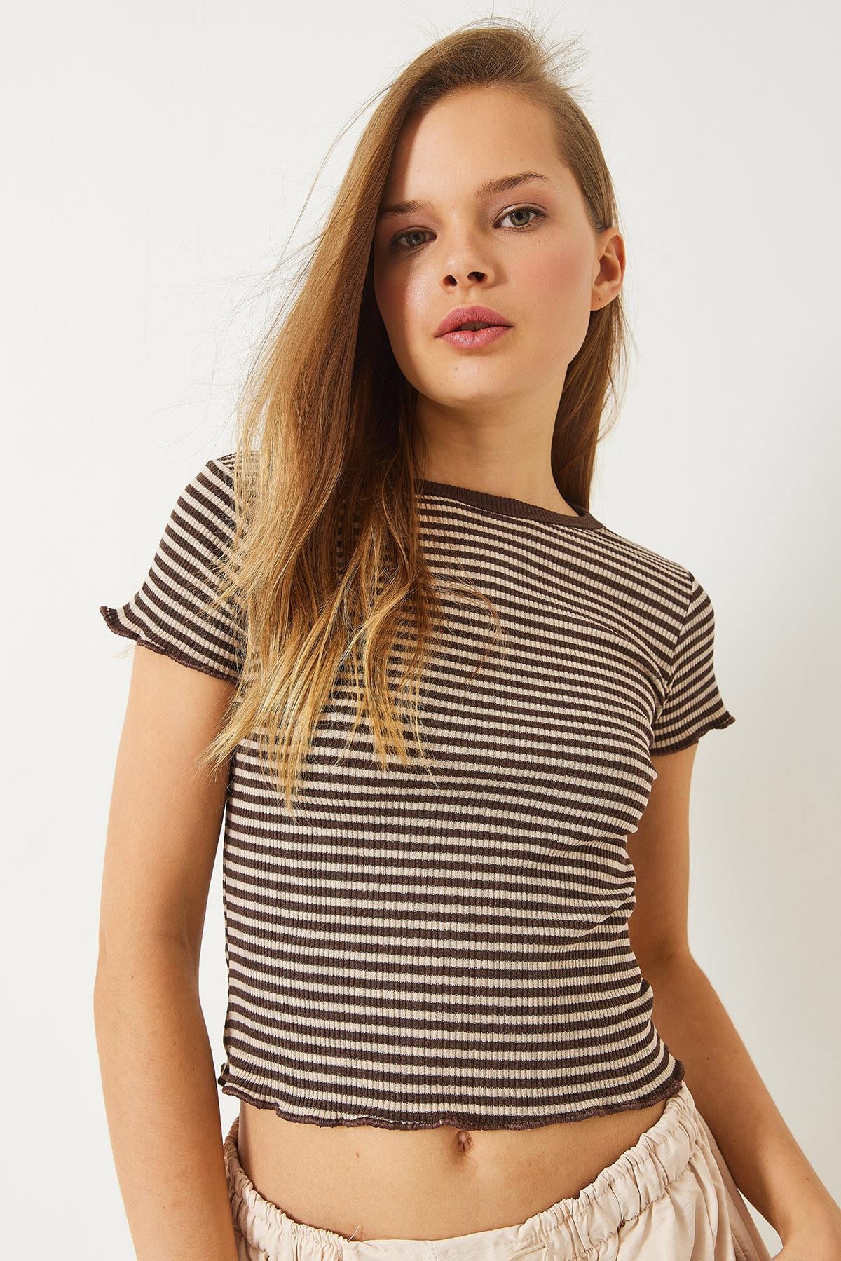 Çizgili Fitilli Kaşkorse Basic T-Shirt 60261475 - Bej-Kahverengi