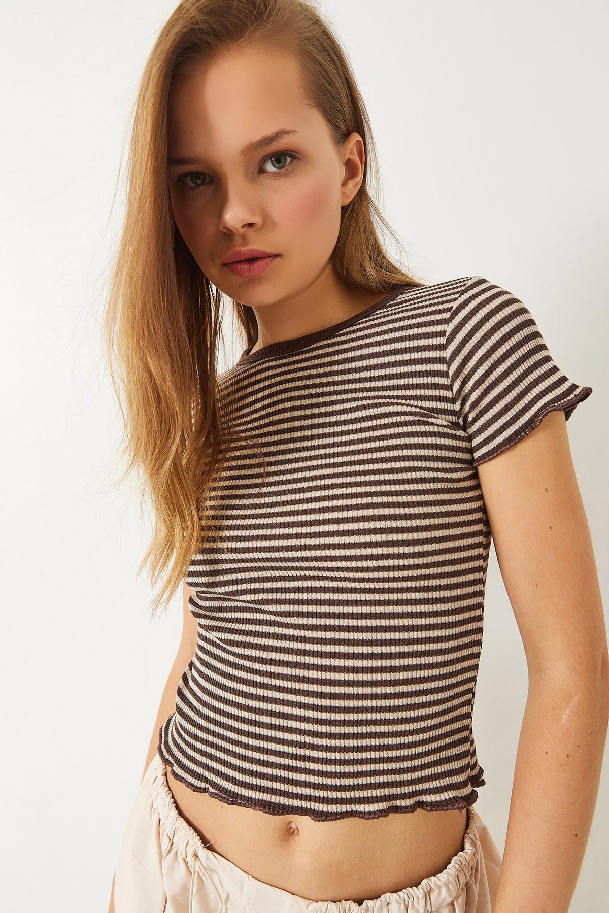 Çizgili Fitilli Kaşkorse Basic T-Shirt 60261475 - Bej-Kahverengi