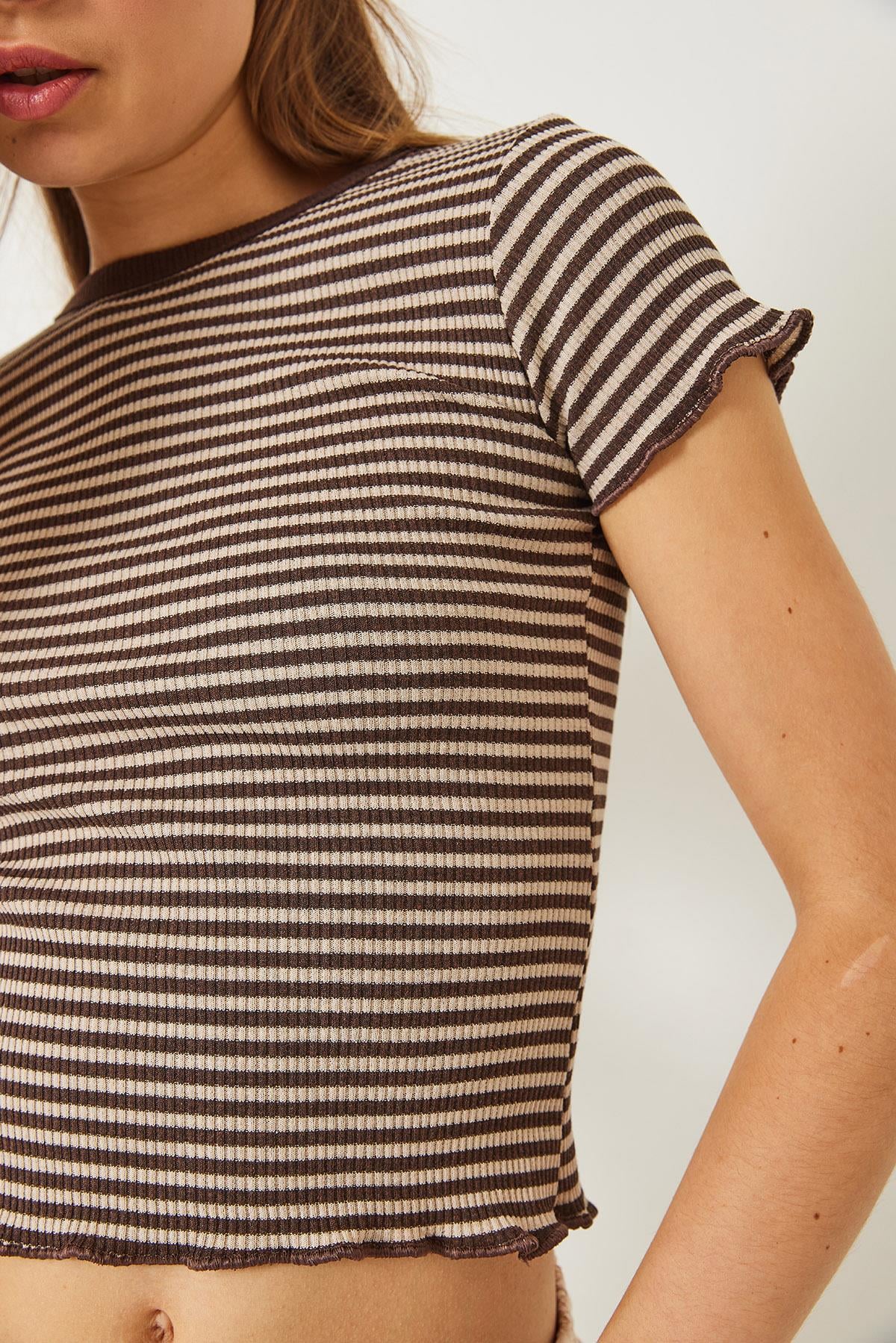 Çizgili Fitilli Kaşkorse Basic T-Shirt 60261475 - Bej-Kahverengi