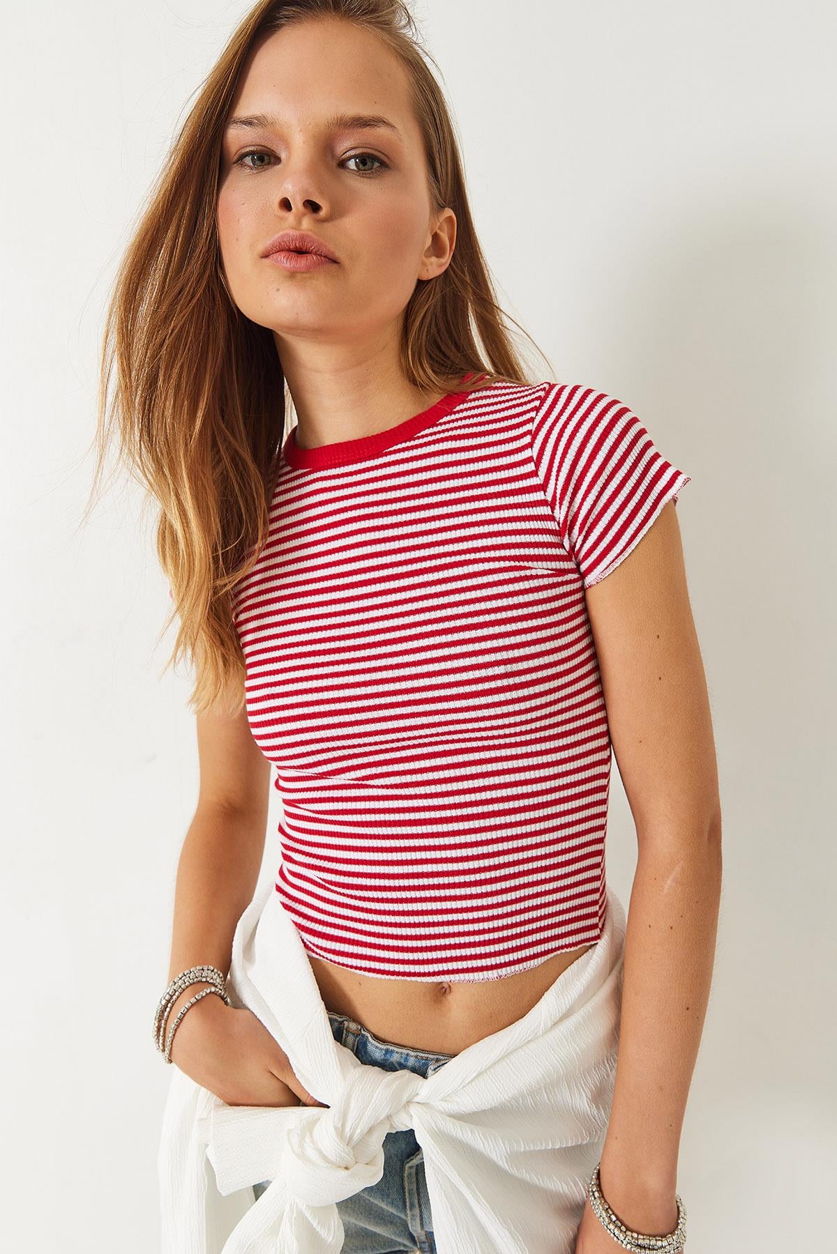 Çizgili Fitilli Kaşkorse Basic T-Shirt 60261475 - Kırmızı-Beyaz