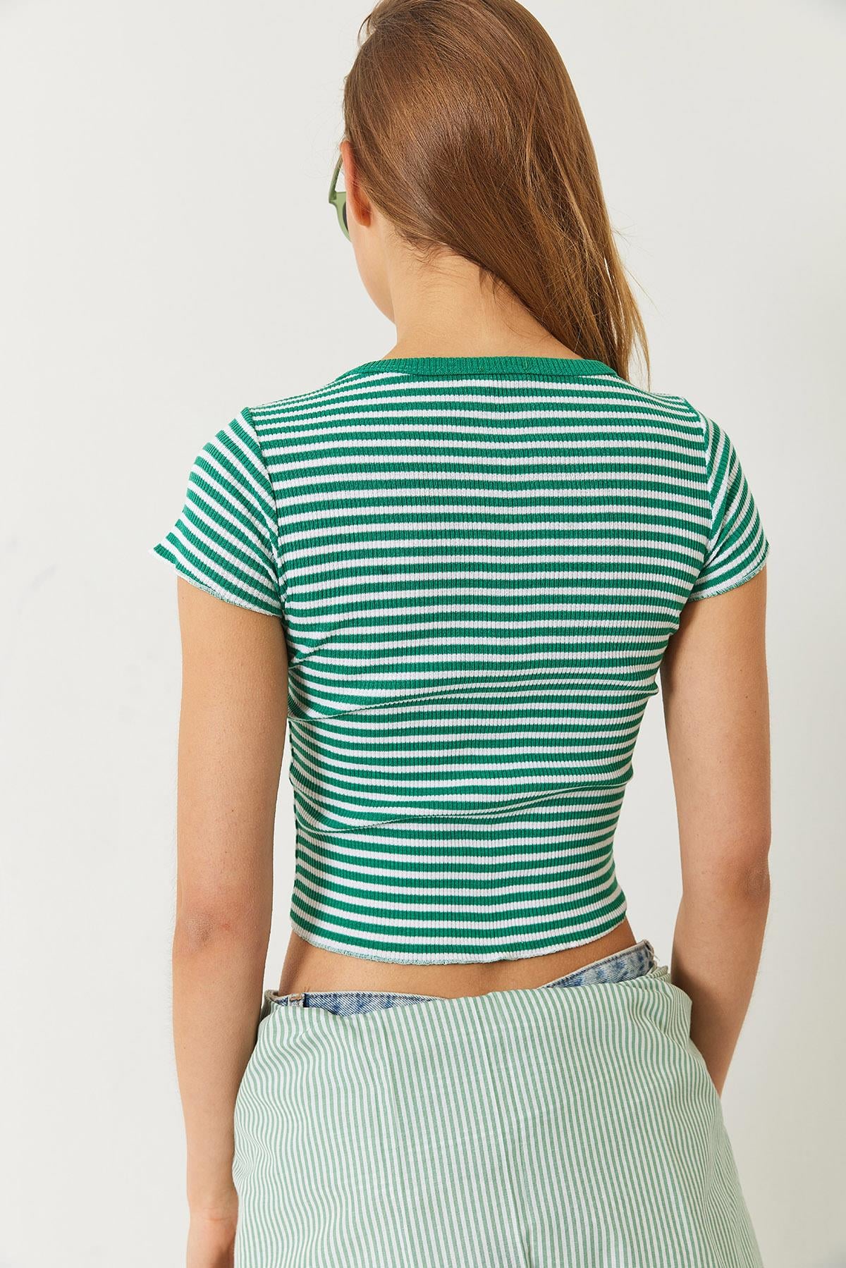 Çizgili Fitilli Kaşkorse Basic T-Shirt 60261475 - Yeşil-Beyaz