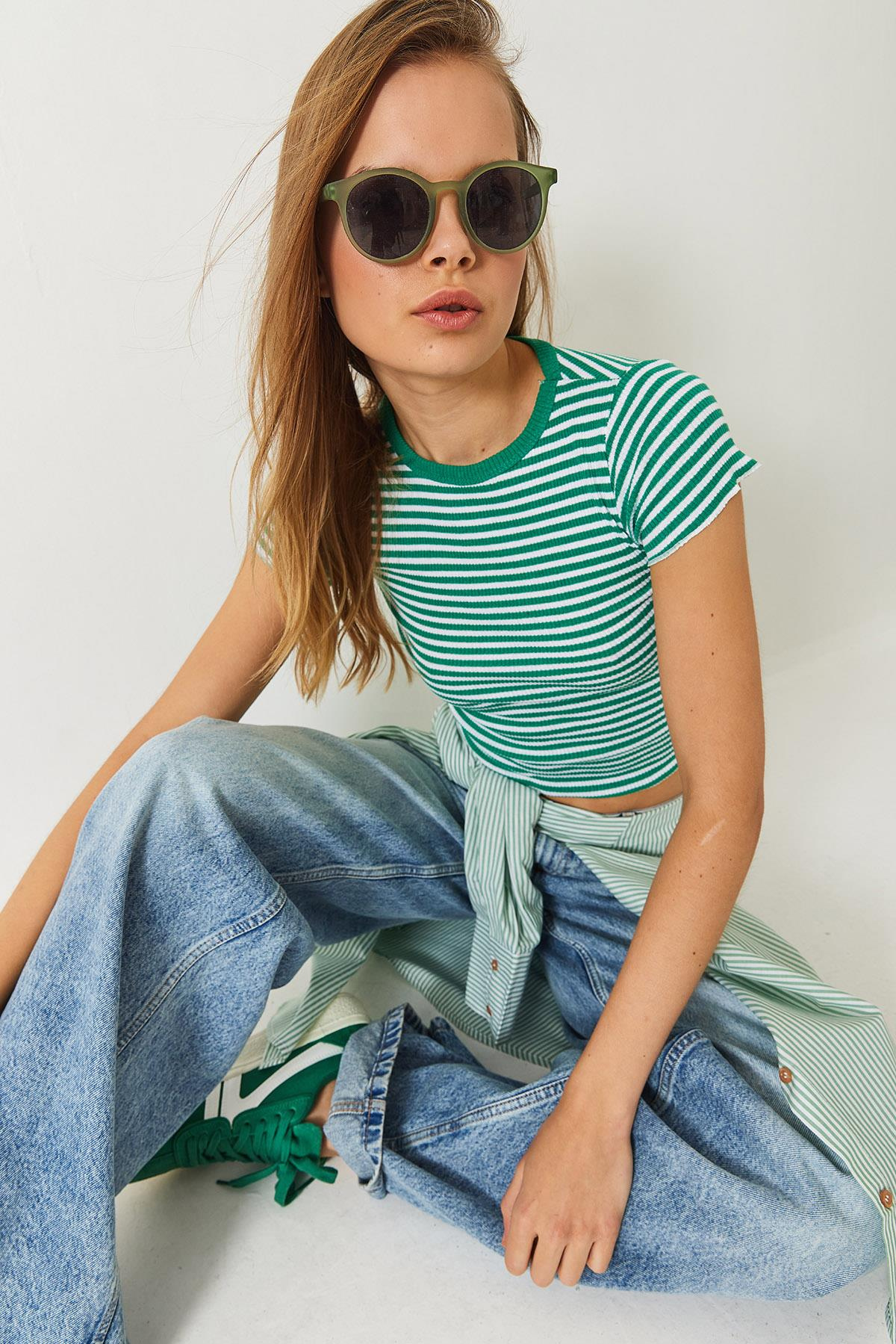Çizgili Fitilli Kaşkorse Basic T-Shirt 60261475 - Yeşil-Beyaz