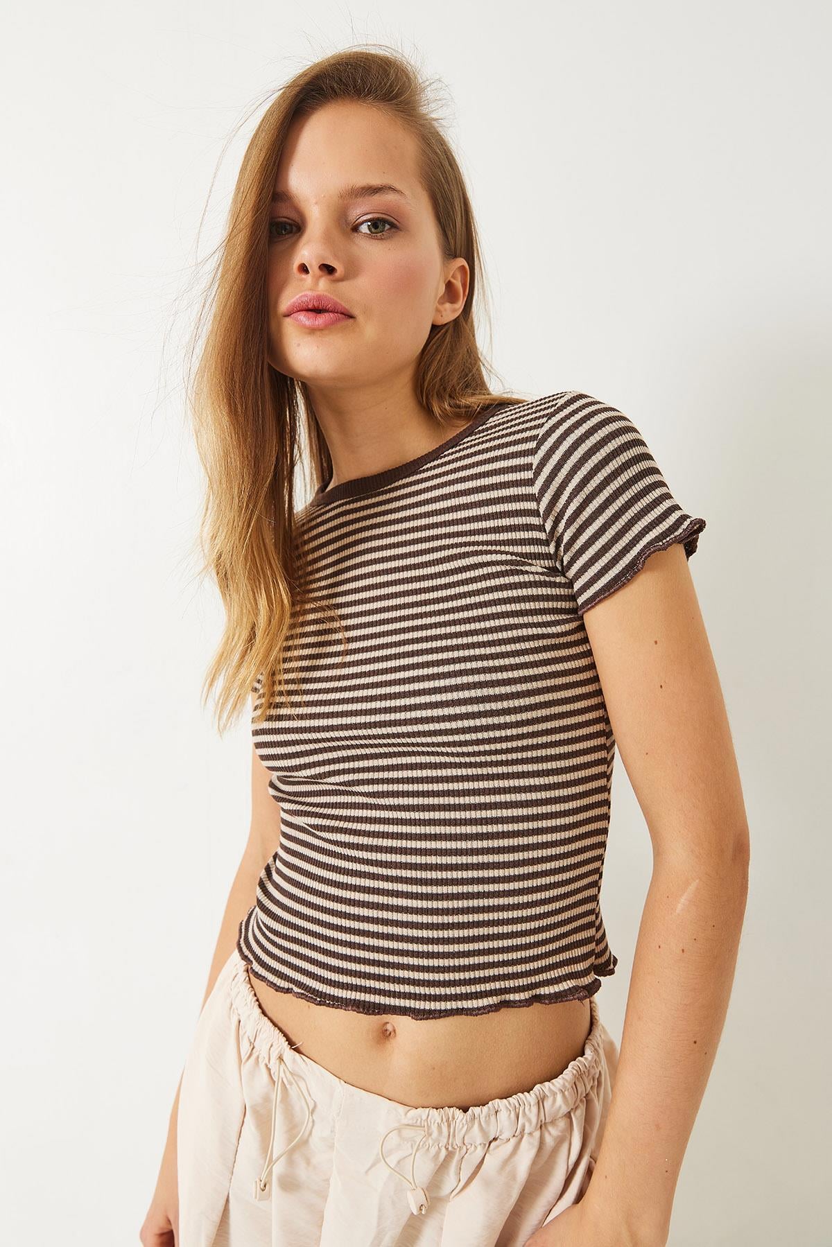 Çizgili Fitilli Kaşkorse Basic T-Shirt 60261475 - Bej-Kahverengi
