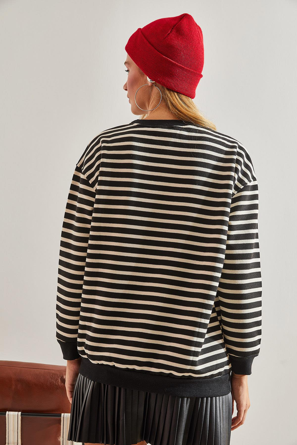 Çizgili Kalp Baskılı Sweatshirt - Siyah SWEATSHİRT modelleri