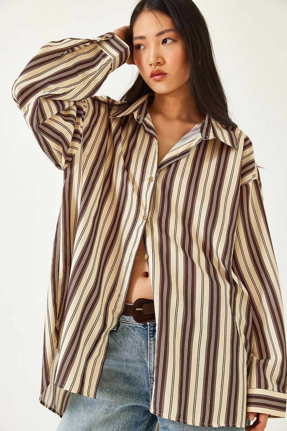 Çizgili Oversize Gömlek 1007 60261197 - Sarı-Kahverengi