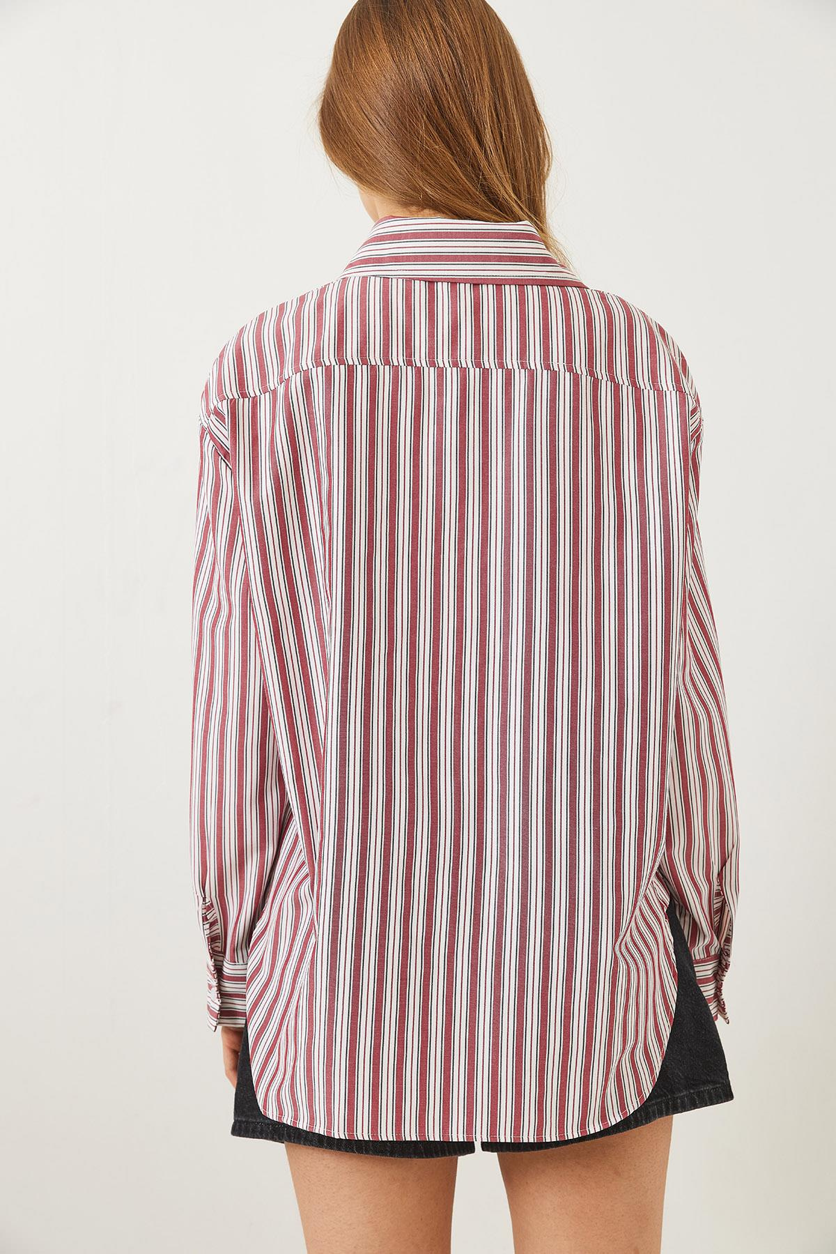 Çizgili Regular Basic Viskon Gömlek 4766 60283101 - Kırmızı