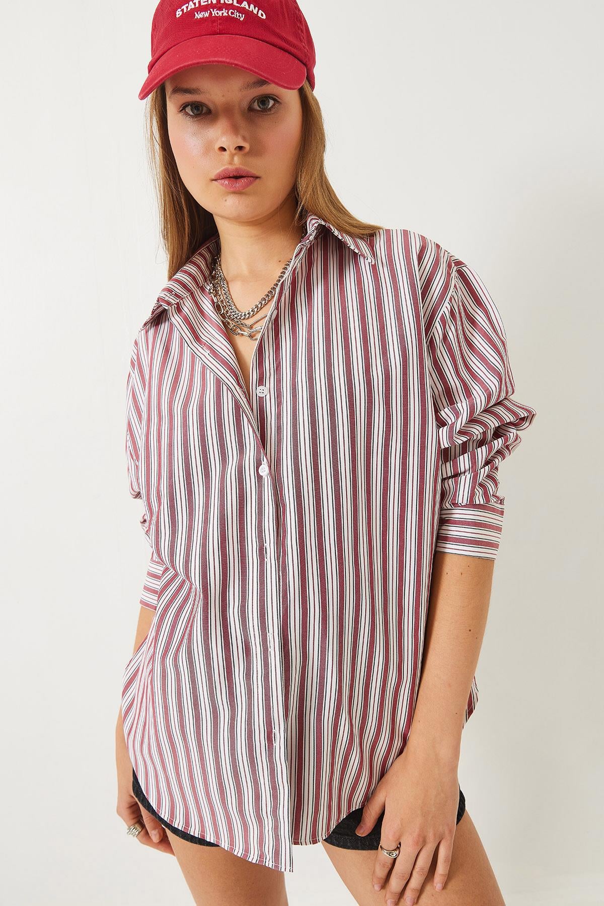 Çizgili Regular Basic Viskon Gömlek 4766 60283101 - Kırmızı