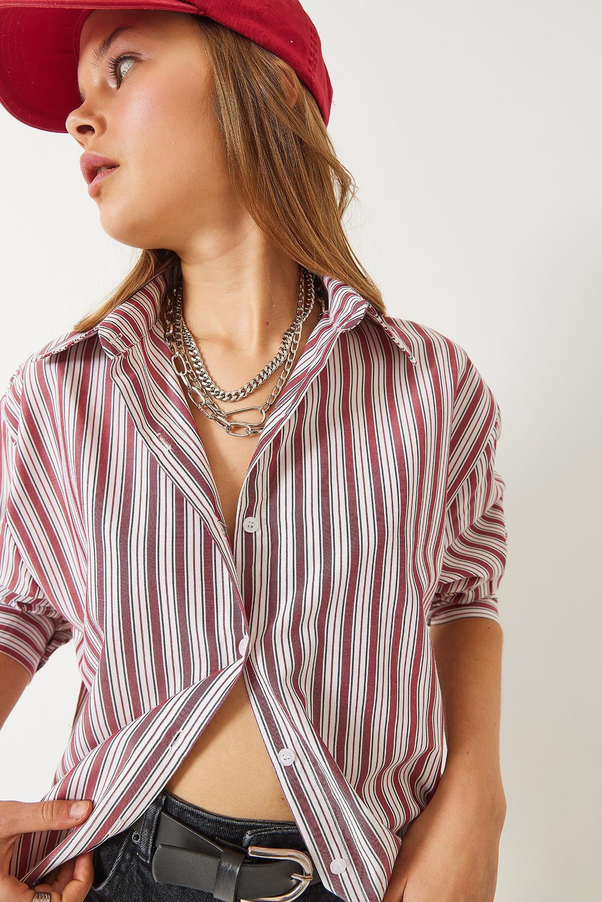Çizgili Regular Basic Viskon Gömlek 4766 60283101 - Kırmızı