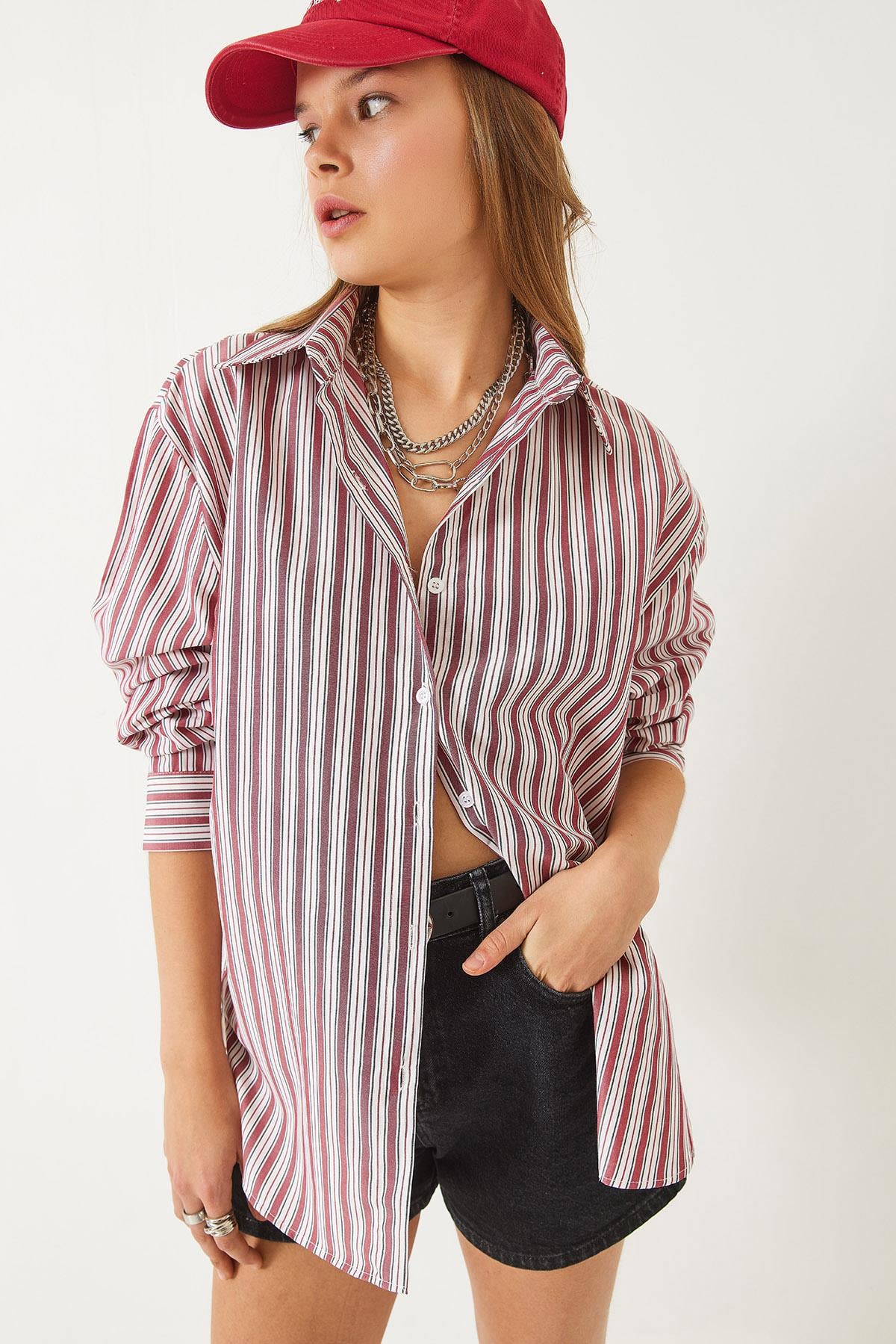 Çizgili Regular Basic Viskon Gömlek 4766 60283101 - Kırmızı