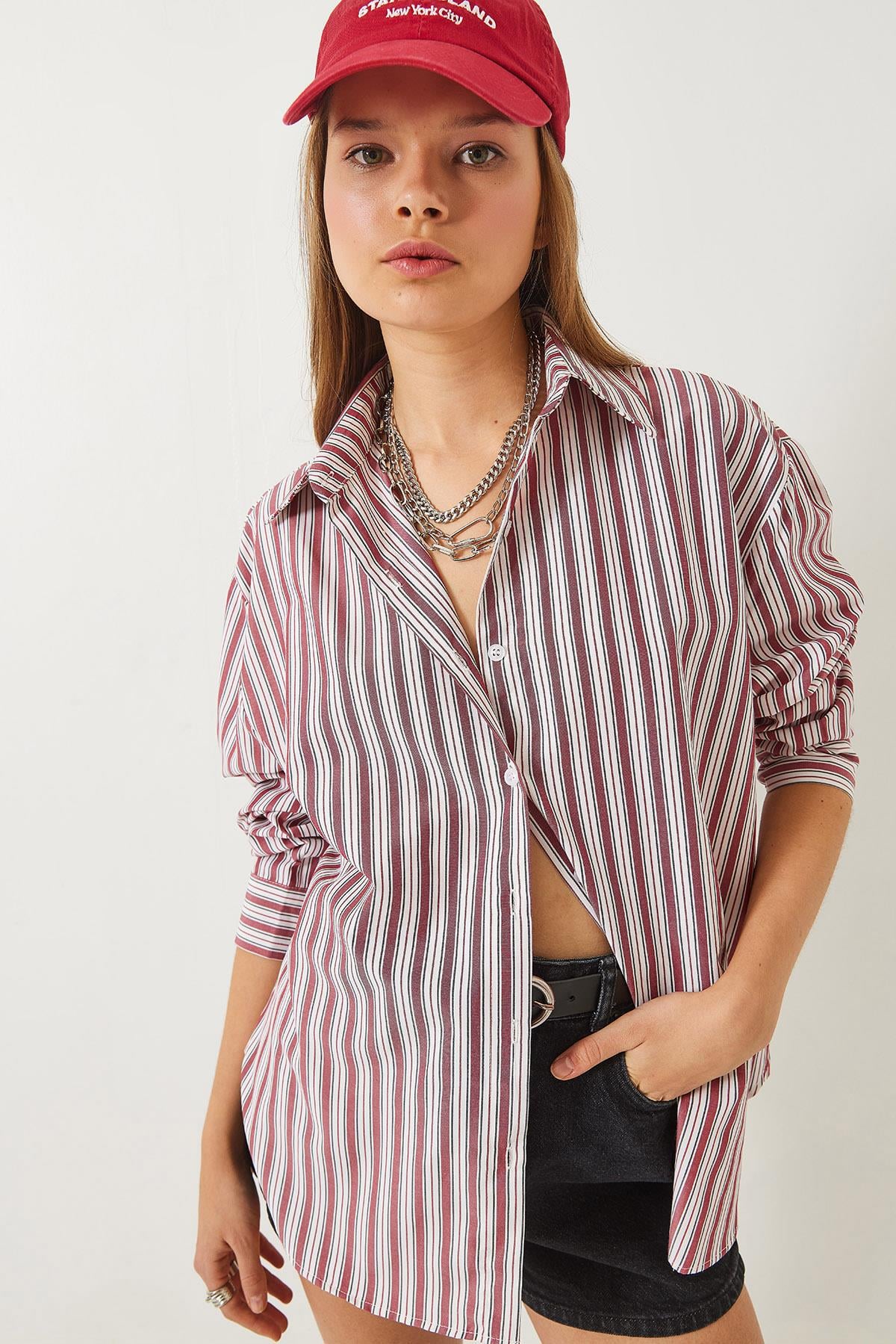 Çizgili Regular Basic Viskon Gömlek 4766 60283101 - Kırmızı