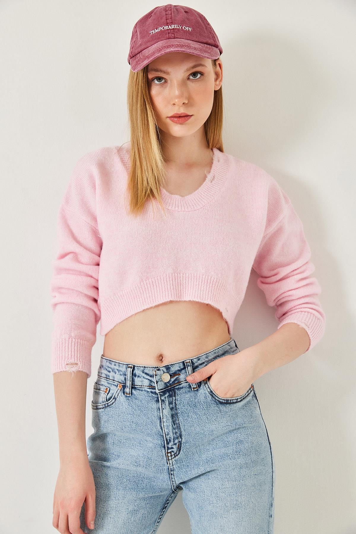 Crop Triko Kazak 20246925 - Toz Pembe KAZAK modelleri
