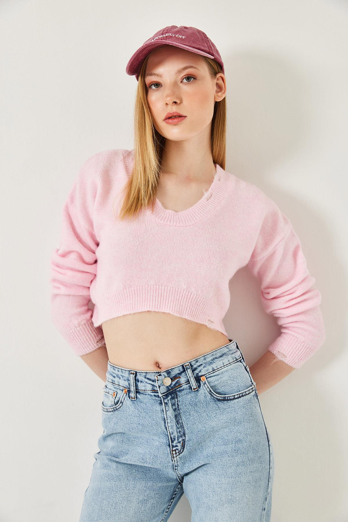 Crop Triko Kazak 20246925 - Toz Pembe KAZAK modelleri