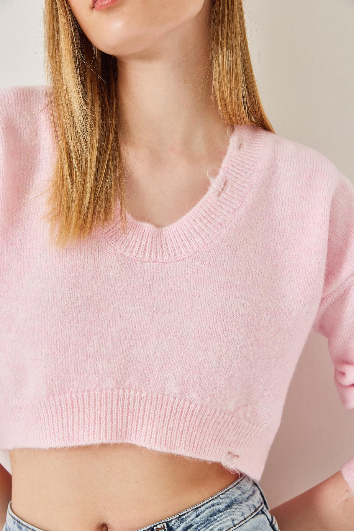 Crop Triko Kazak 20246925 - Toz Pembe KAZAK modelleri