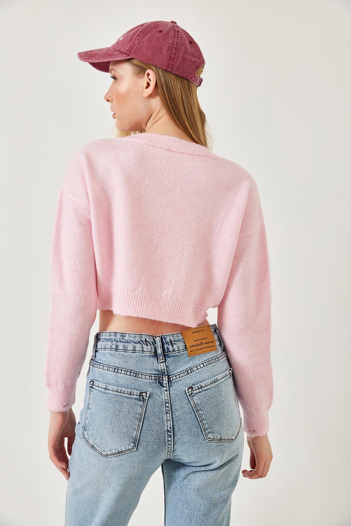 Crop Triko Kazak 20246925 - Toz Pembe KAZAK modelleri