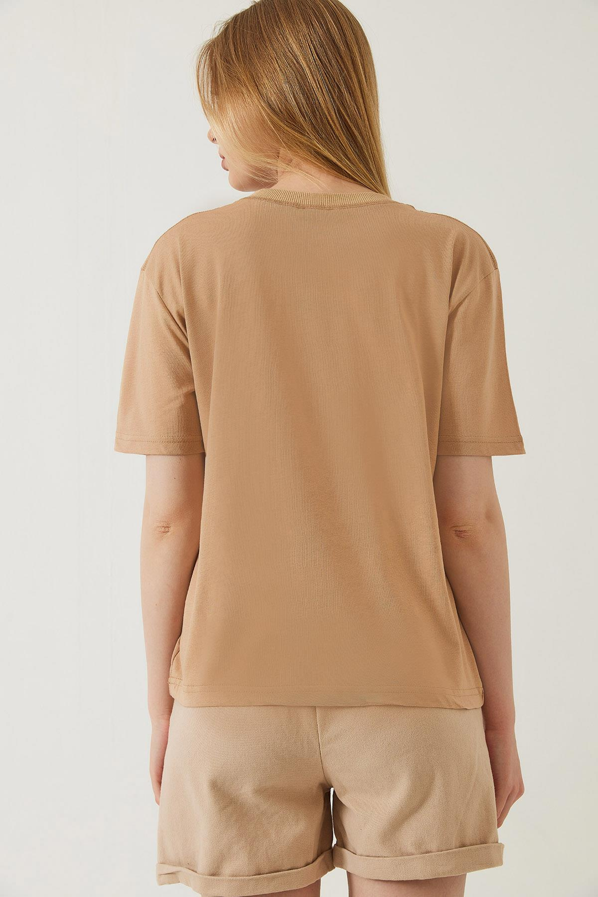Dekoratif Dikişli Bisiklet Yaka Tshirt 60602001 - Vizon