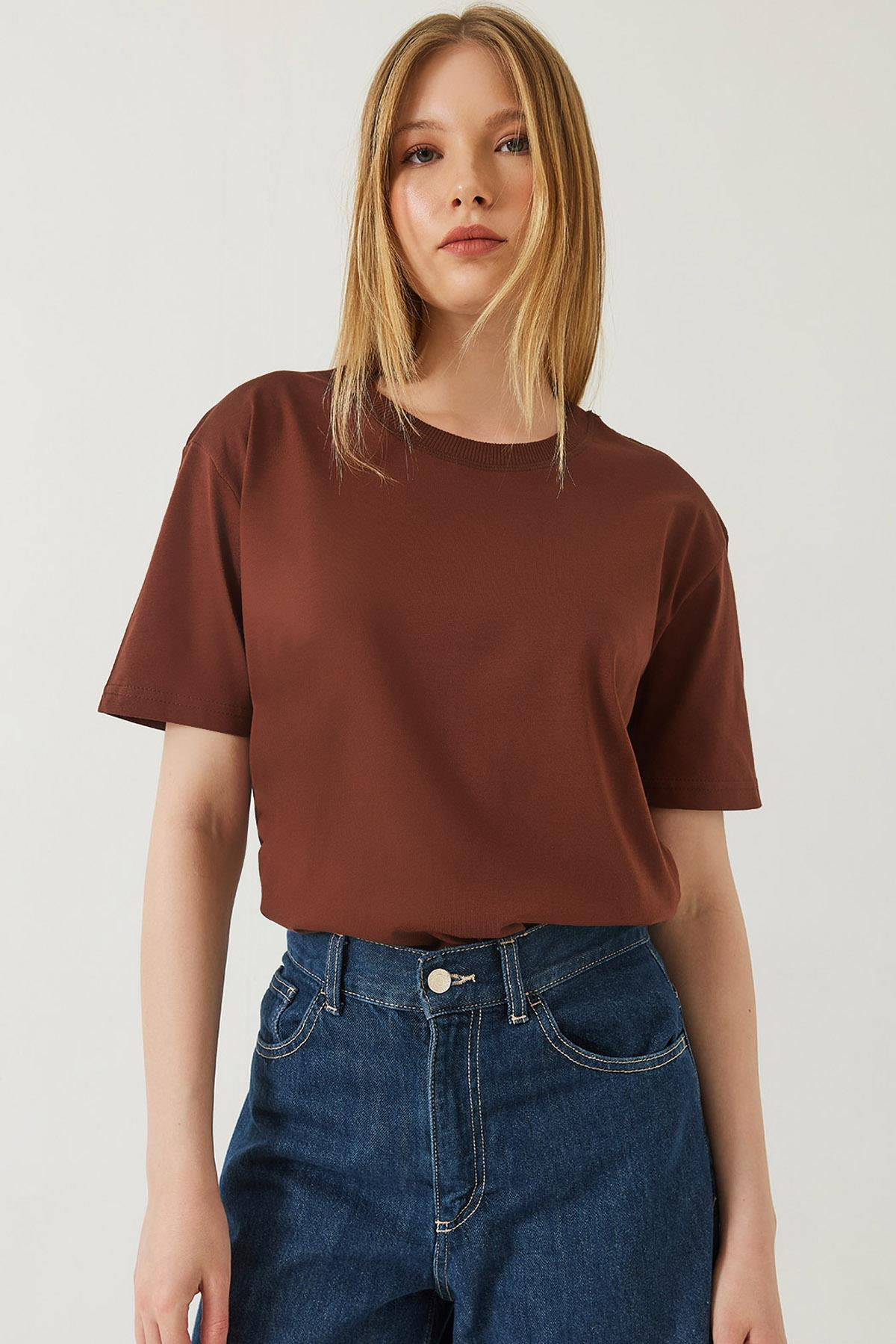 Dekoratif Dikişli Bisiklet Yaka Tshirt 60602001 - Kahve