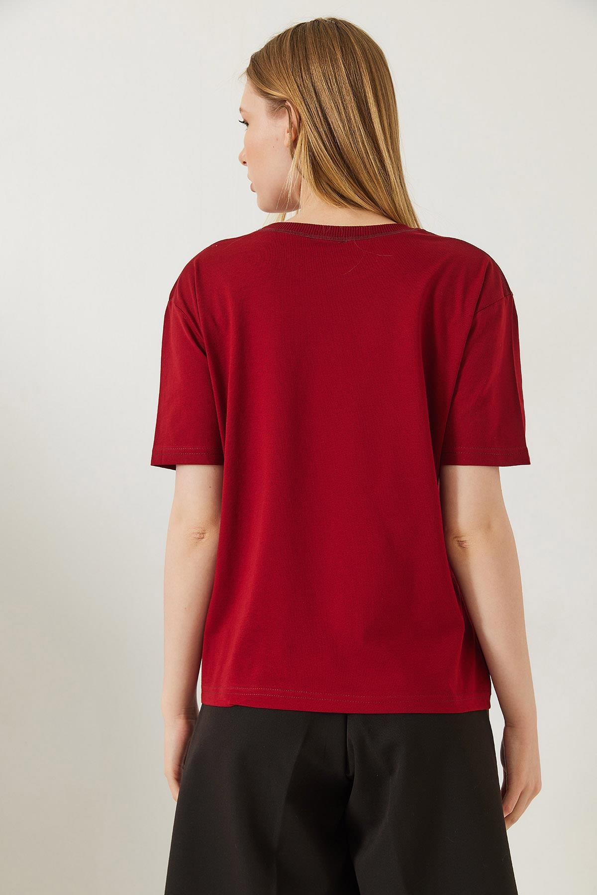 Dekoratif Dikişli Bisiklet Yaka Tshirt 60602001 - Bordo