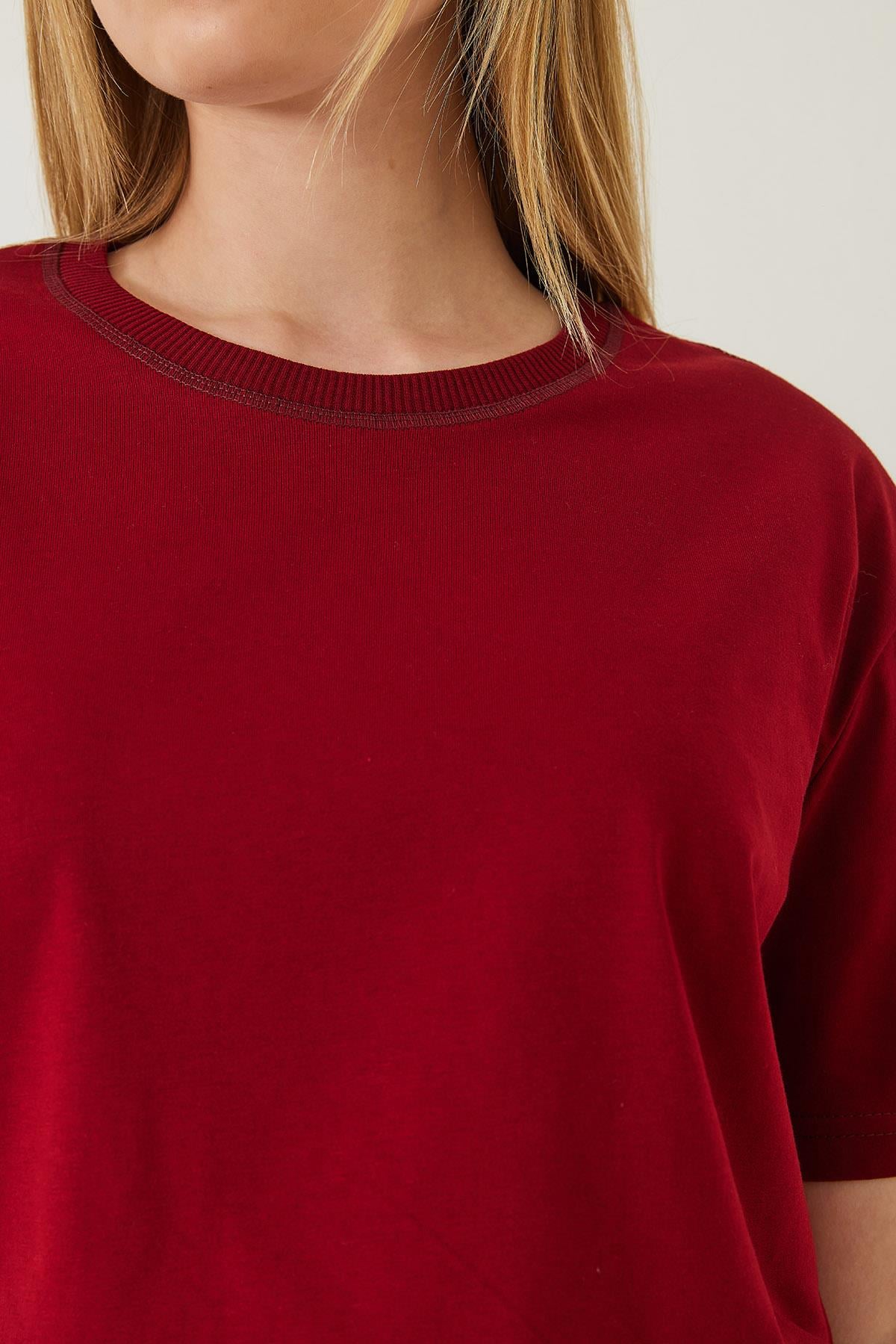Dekoratif Dikişli Bisiklet Yaka Tshirt 60602001 - Bordo