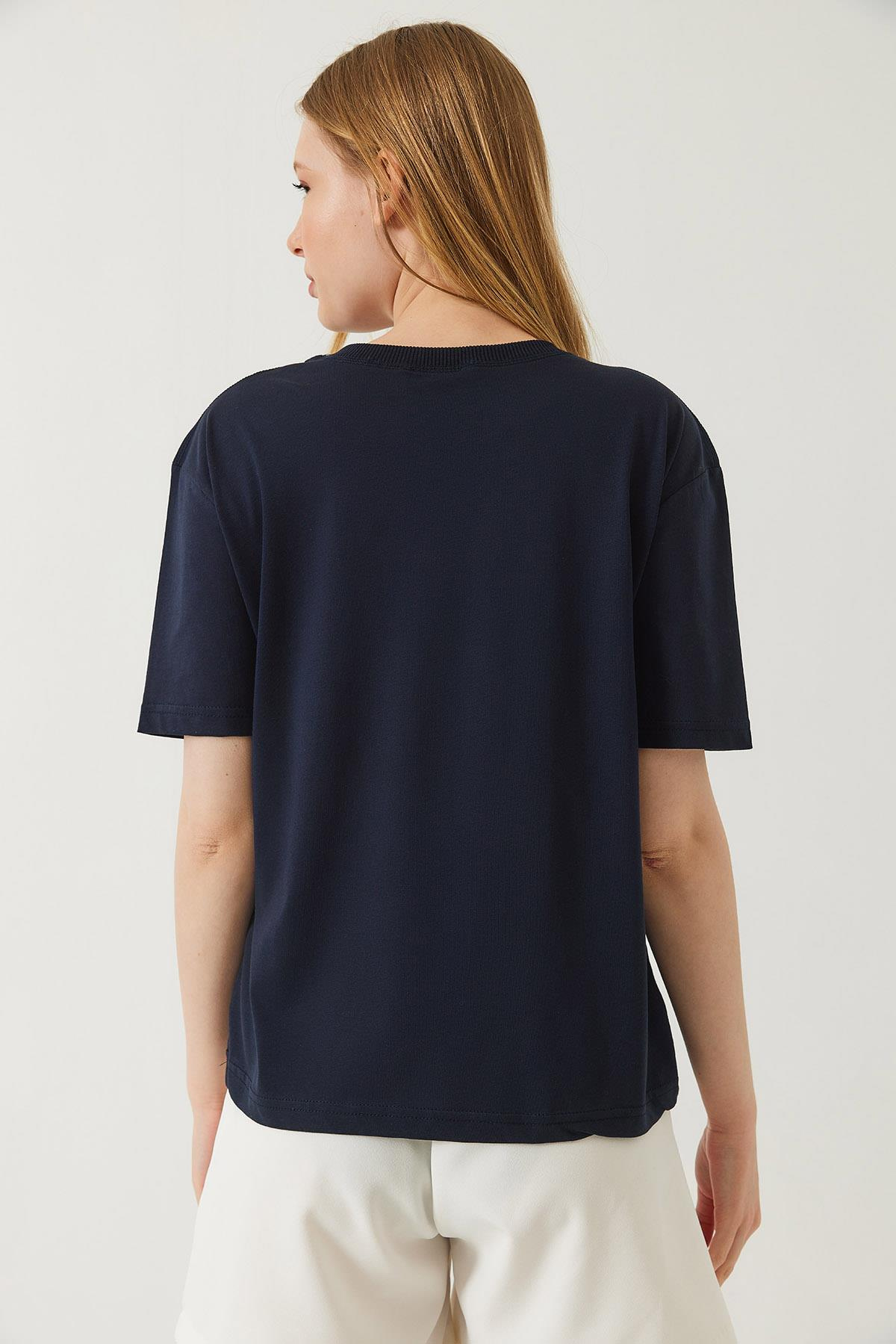 Dekoratif Dikişli Bisiklet Yaka Tshirt 60602001 - Lacivert