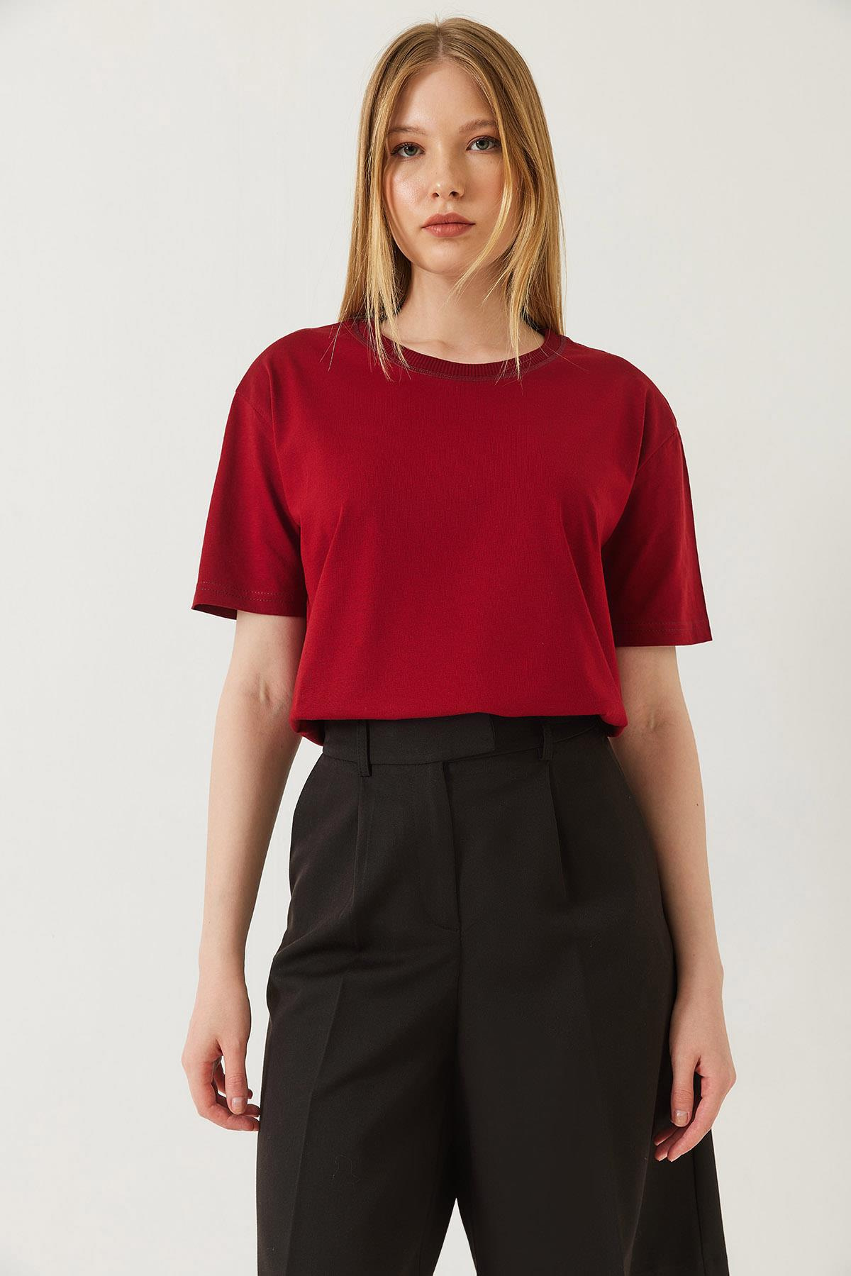 Dekoratif Dikişli Bisiklet Yaka Tshirt 60602001 - Bordo