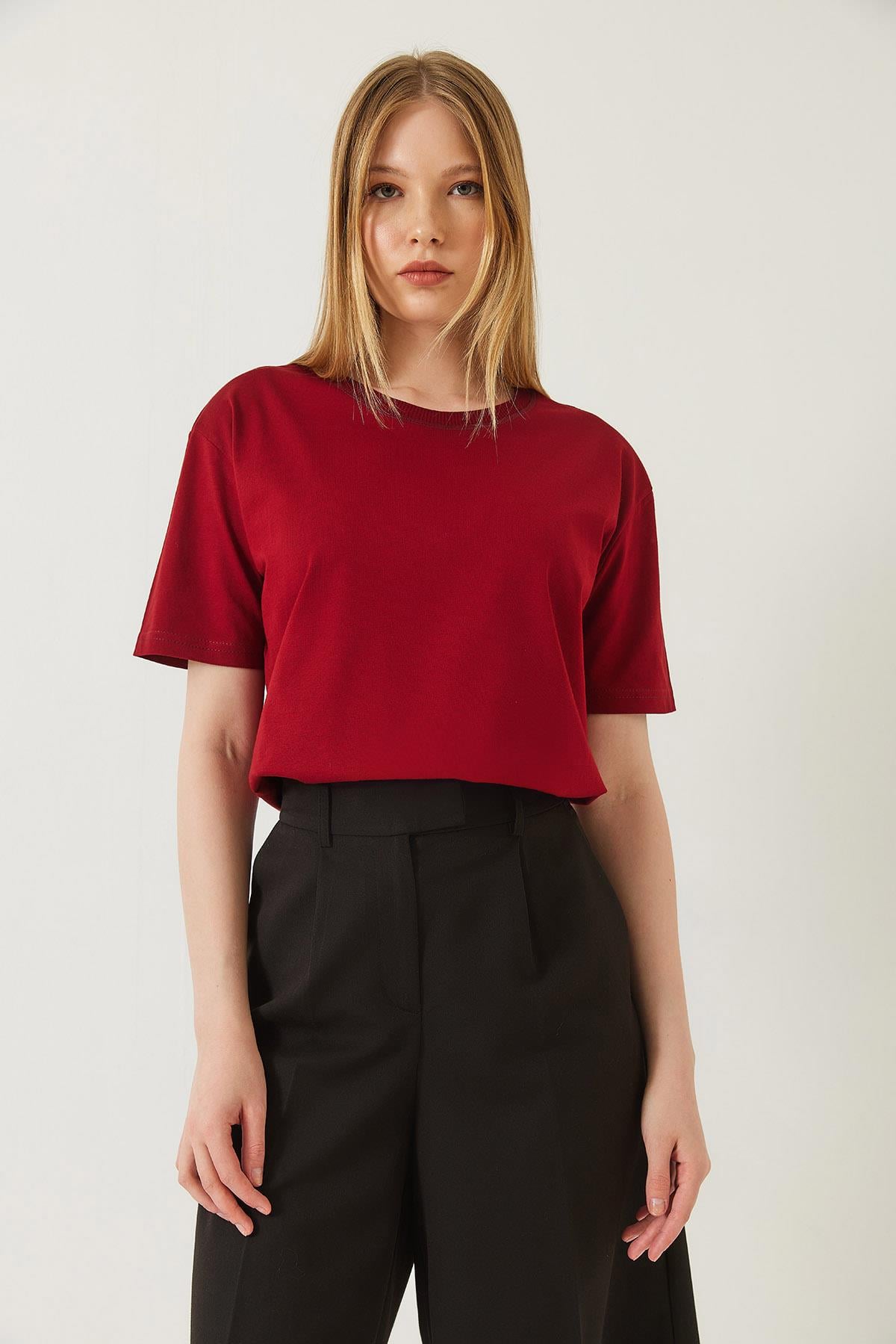 Dekoratif Dikişli Bisiklet Yaka Tshirt 60602001 - Bordo