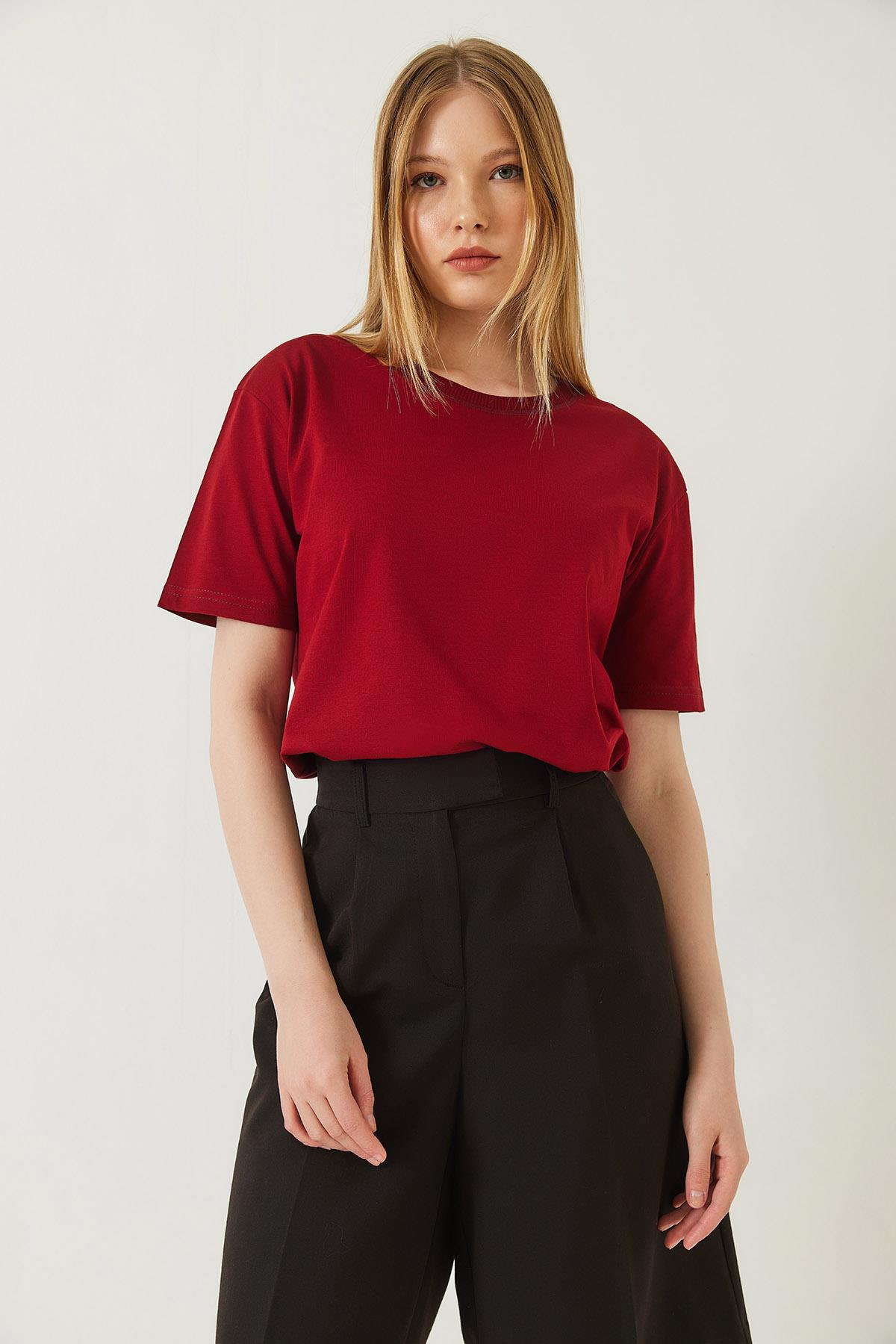 Dekoratif Dikişli Bisiklet Yaka Tshirt 60602001 - Bordo