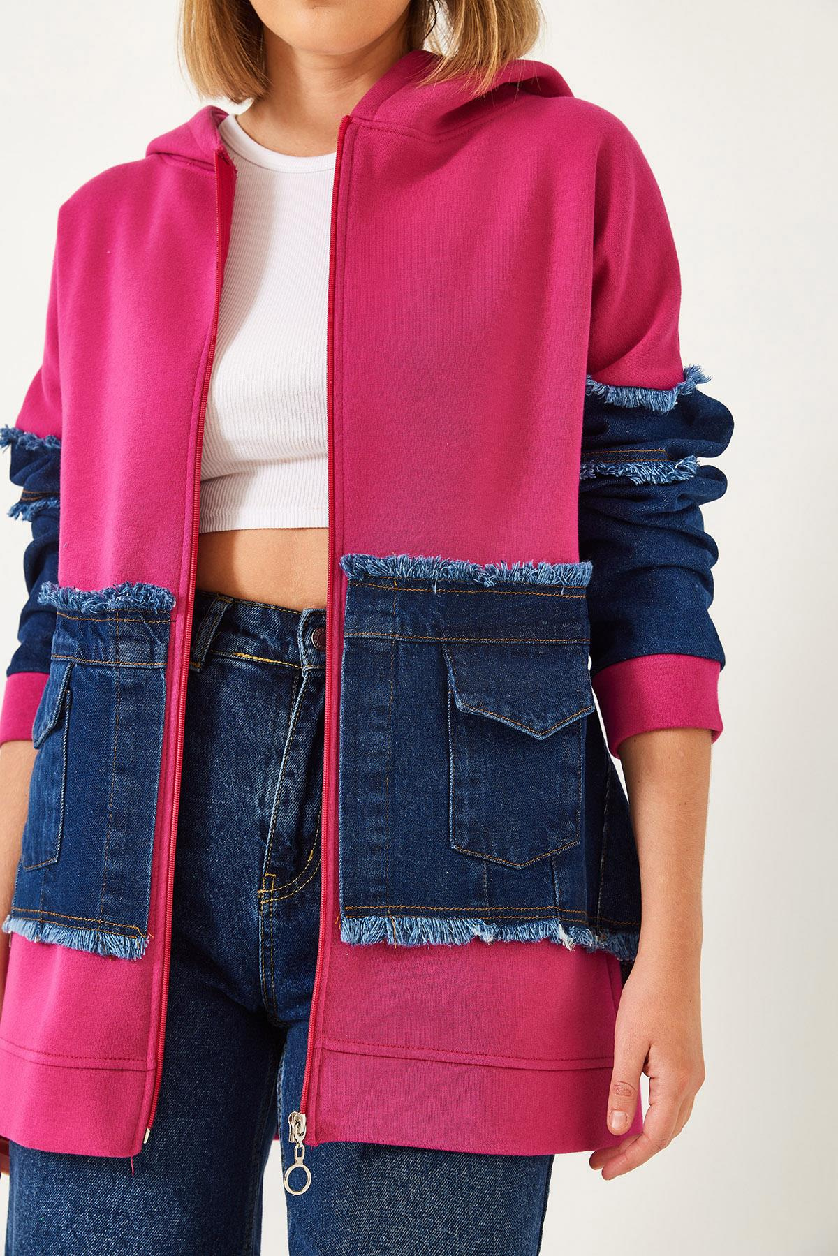 Denim Cep Detaylı Üç İplik Şardonlu Hırka  60351322 - Fuşya