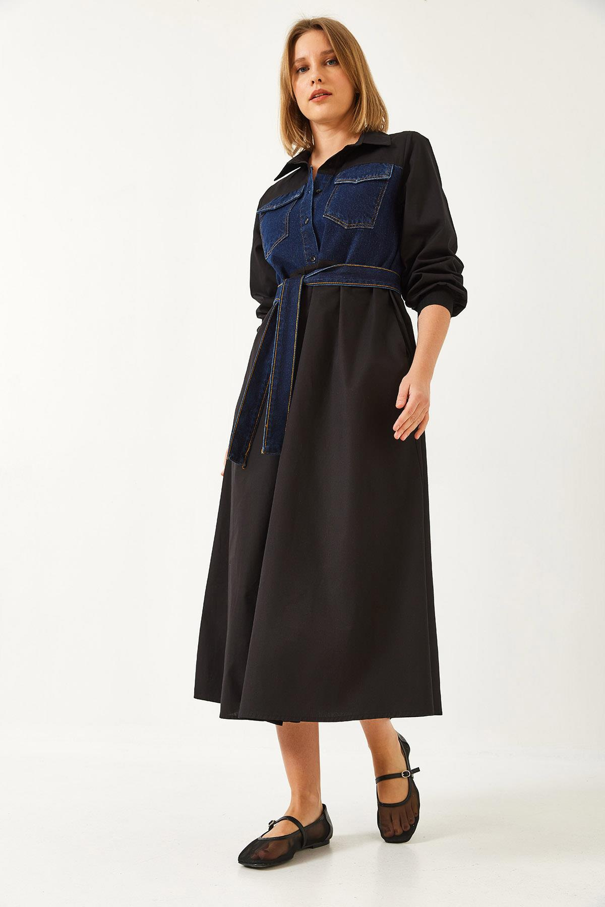 Denim Detaylı Kuşaklı Uzun Gömlek Elbise 8195 60351348 - Siyah-İndigo