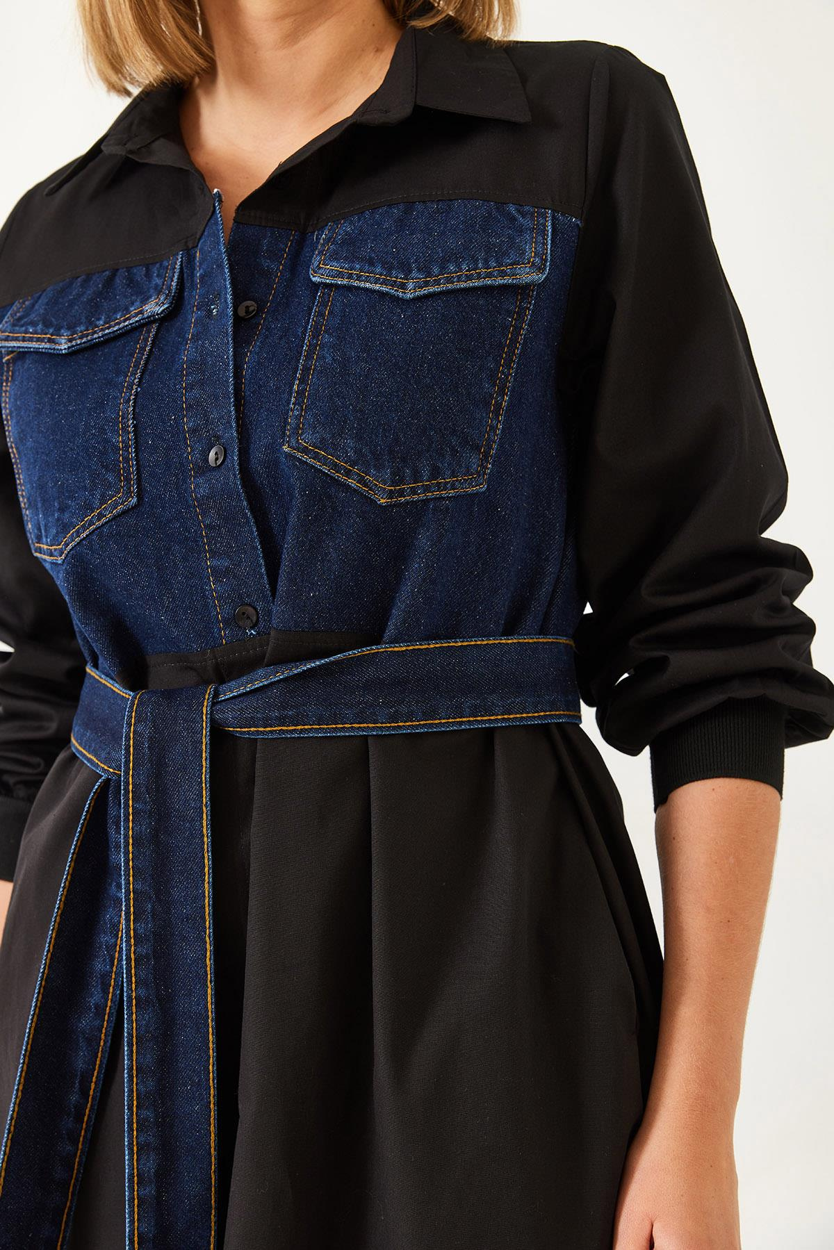 Denim Detaylı Kuşaklı Uzun Gömlek Elbise 8195 60351348 - Siyah-İndigo