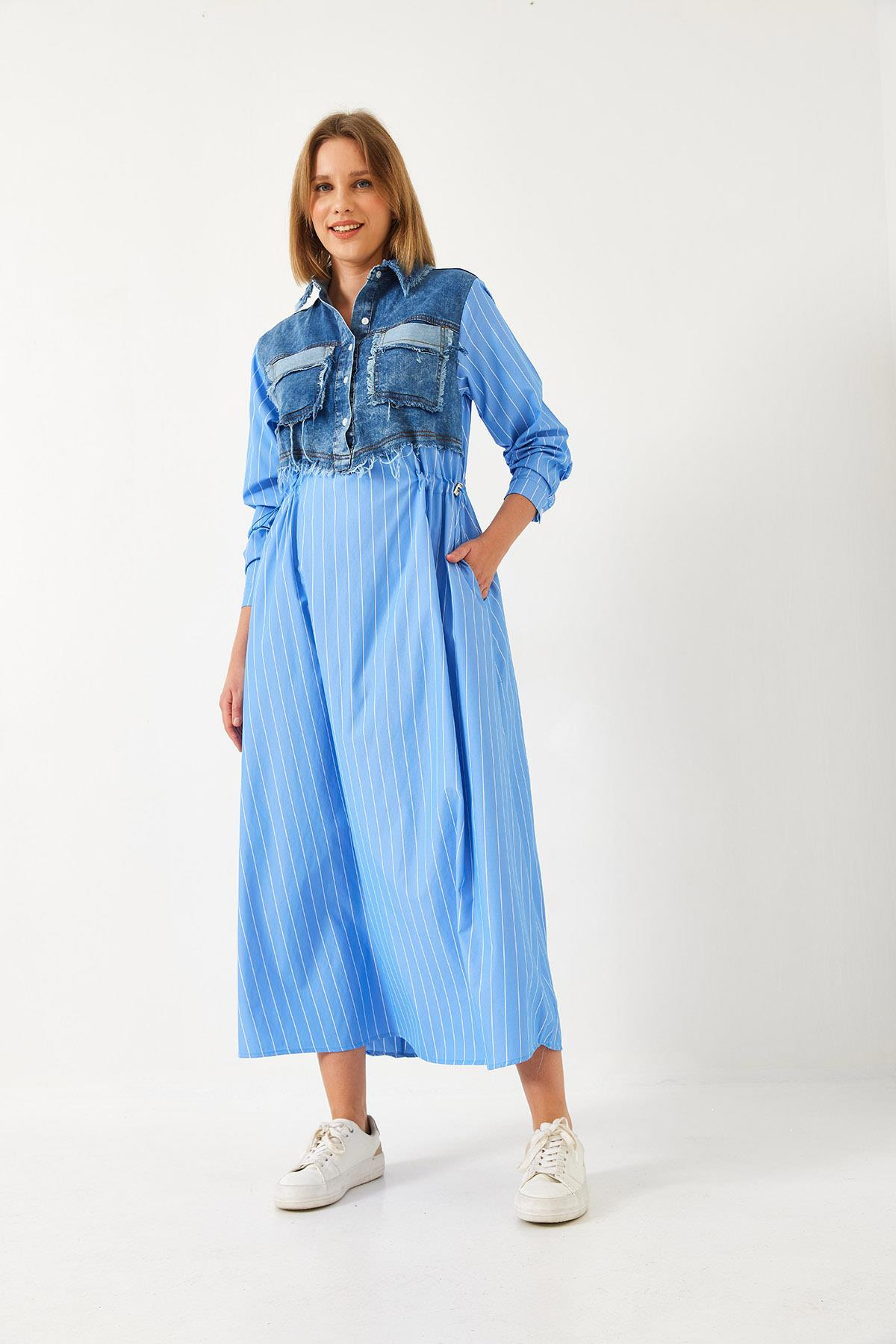 Denim Garnili Uzun Kloş Elbise 60351248 - Mavi-Beyaz