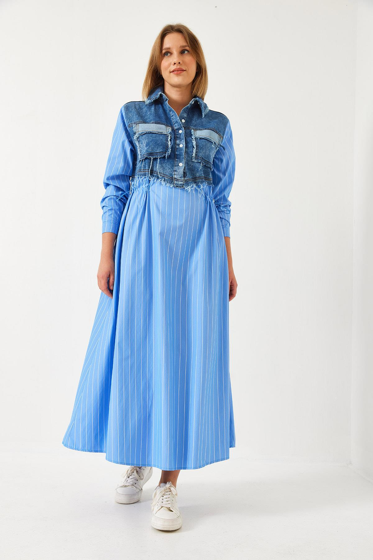 Denim Garnili Uzun Kloş Elbise 60351248 - Mavi-Beyaz