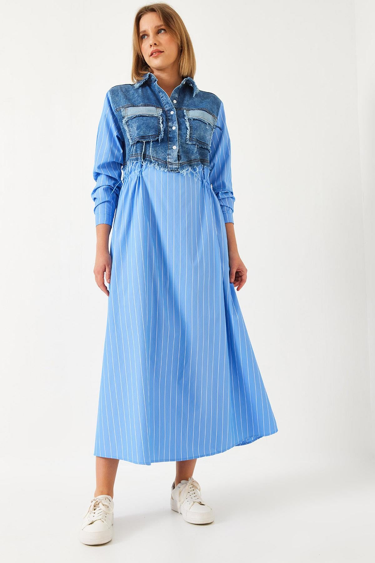 Denim Garnili Uzun Kloş Elbise 60351248 - Mavi-Beyaz
