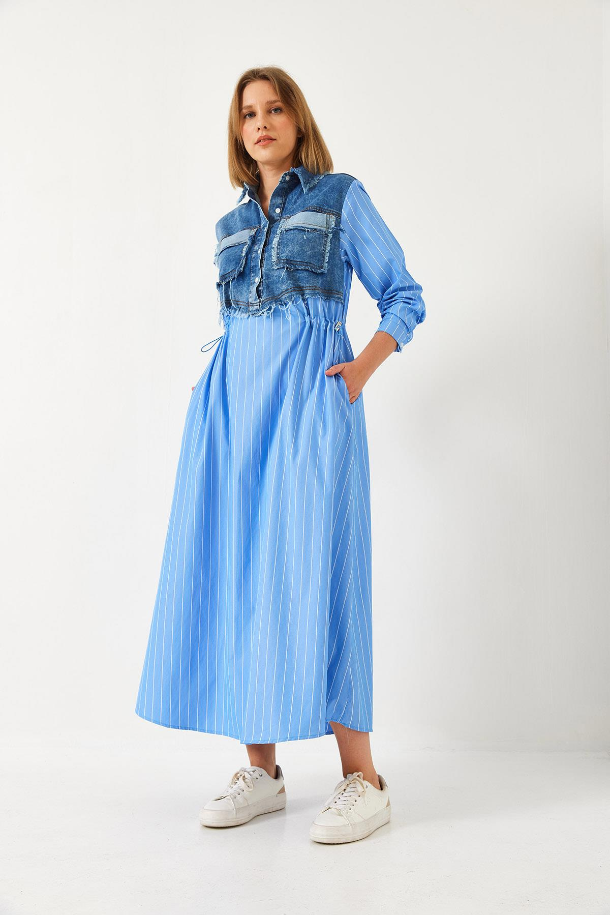Denim Garnili Uzun Kloş Elbise 60351248 - Mavi-Beyaz