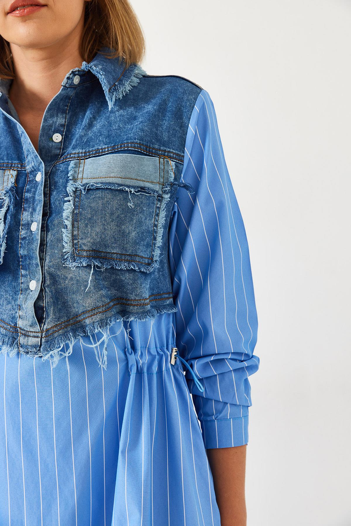 Denim Garnili Uzun Kloş Elbise 60351248 - Mavi-Beyaz